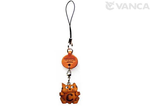 イニシャル動物 ねこ C 携帯ストラップ【レザー 本革 VANCA バンカクラフト革物語 国産 ハンドメイド 贈り物 即納】