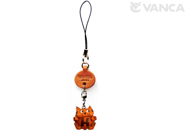イニシャル動物 ねこ H 携帯ストラップ【レザー 本革 VANCA バンカクラフト革物語 国産 ハンドメイド 贈り物 即納】