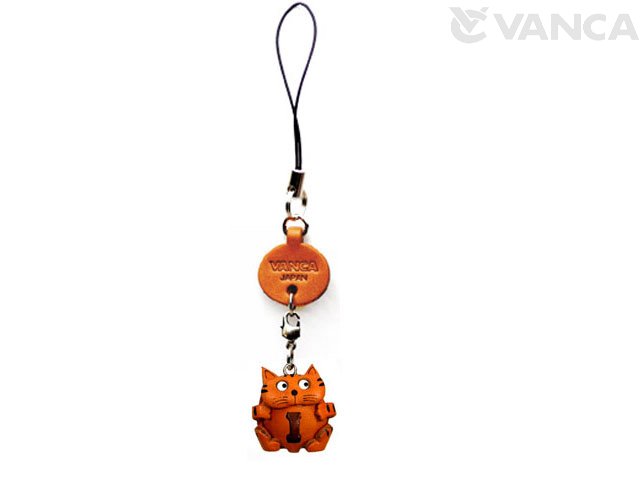 イニシャル動物 ねこ I 携帯ストラップ【レザー 本革 VANCA バンカクラフト革物語 国産 ハンドメイド 贈り物 即納】