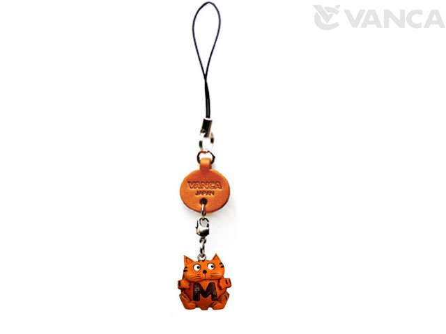 イニシャル動物 ねこ M 携帯ストラップ【レザー 本革 VANCA バンカクラフト革物語 国産 ハンドメイド 贈り物 即納】