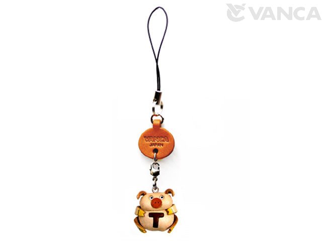 イニシャル動物 ぶた T 携帯ストラップ【レザー 本革 VANCA バンカクラフト革物語 国産 ハンドメイド 贈り物 即納】