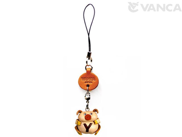 イニシャル動物 ぶた Y 携帯ストラップ【レザー 本革 VANCA バンカクラフト革物語 国産 ハンドメイド 贈り物 即納】