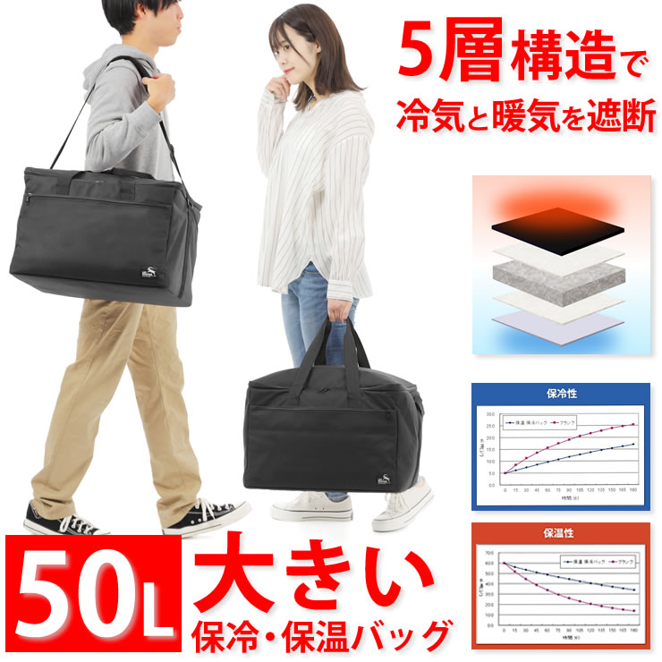 メーカー希望小売価格はメーカーサイトに基づいて掲載していますLAD WEATHER ラドウェザー 大容量50リットルの保冷・保温バッグ ladbag027アウトドアブランドのラドウェザー から、大容量50Lの保冷・保温バッグが誕生。優れた性能を持つ素材を5層も重ねる事で、でしっかり冷気、暖気を遮断。冷たい物は冷たく、温かい物は温かく保ちます。一般財団法人日本繊維製品品質技術センターにて高温や低温の環境下で、この保冷・保温バッグに入れたペットボトルとそのままのペットボトルが時間経過をともにどのような温度変化をするか試験した結果、保冷バッグに入れた方が長い時間適温を保ち、その差は約3倍。優れた保温・保冷性能が証明されました。容量はなんと50L。2Lのペットボトルなら15本も入る大容量。しかも角型で蓋も大きく開くので、総菜やお弁当も傾けずにまっすぐ入れやすい。大型スーパーでの買い物、大人数での花見などのレジャー、連泊のキャンプにも対応できる。ソフトクーラーボックスの最大の利点でもある、収納性の高さも健在。使わないときは畳めるので、車の中に置きっぱなしでも場所をとらない。蓋には保冷材や保温材の入る内ポケット、外側にも大容量のファスナーポケットつき。取り外し可能な中敷き入りで型崩れもせず、ショルダーベルトも付いていて肩掛けもできるから使い勝手も抜群。キャンプやバーベキュー、花見などのレジャーはもちろん普段の買い物や食品のまとめ買いにも使えて、オールシーズンで大活躍まちがいなし。■5層構造でしっかり断熱丈夫な600Dポリエステル、不織布5mm厚の発泡ポリエチレン、不織布、防水性の高いPEVAの5層構造。優れた性能を持つ素材を5層も重ねる事で、強力な保温、保冷効果を実現。■試験で実証された性能国内の検査機関で試験を行い、通常の3倍以上の時間、温度を保ち続ける事が証明された。■50Lの大容量でたくさん入る2Lのペットボトルなら15本も入る大容量。連泊のキャンプや週末の買い溜めも余裕。■保冷剤の入る内ポケット蓋のメッシュポケットに保冷剤や保温剤を入れれば、バッグ内全体に冷気や暖気が行き届く。※保冷材・保温剤は付属しません。■底板つきで型崩れしない安定感があって、荷物を入れやすく持ちやすい。取り外し可能なので、汚れてもすぐに洗える。■畳んで収納できる使わない時は畳めて場所を取らない。キャンプやBBQでは、帰りは荷物が減らせる。■大きな物も出し入れ楽々角型で開口部が大きく開くので、ビッグサイズのお弁当や総菜も傾けずにまっすぐ入る。■大きな外ポケットつきファスナー付きで安心のポケットは、長財布も入るので、このバッグだけでも買い物に行ける。■ショルダーと手持ちの2wayショルダーベルトつきで肩掛けもできる。荷物の量に合わせて持ち方を変えられる。■キャンプやBBQに4人×1泊2日分の食料も入る大容量。帰りはコンパクトに畳めて、荷物も少なくできる。■週末の買い出しに角型だから、総菜を傾けずに入れられる。大型スーパーでの買い出しにもおススメ。■花見などのレジャーに食べ物や飲み物がたくさん入るので、大人数のピクニックや運動会でも大活躍。■宅配や防災でも活躍冷たい物は冷たいまま、暖かい物は暖かいまま、美味しい状態を長時間キープできる。カラーブラックサイズ幅47cm×奥行き38cm×高さ28cm素材ポリエステル備考※開封後すぐは匂いが気になる場合があります。風通しの良い場所にしばらく置いてください。※掲載画像と実商品のカラーは、モニターの状態等によって若干異なることがございます。※入荷時期により、色やデザイン等が異なる場合があります。