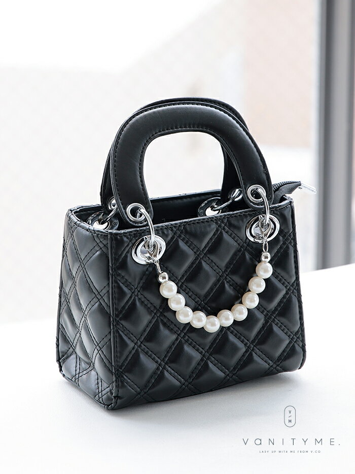パール付き2WAY スクエア キルティング ミニハンドバッグ [ブラック] vim-bg-22301-2