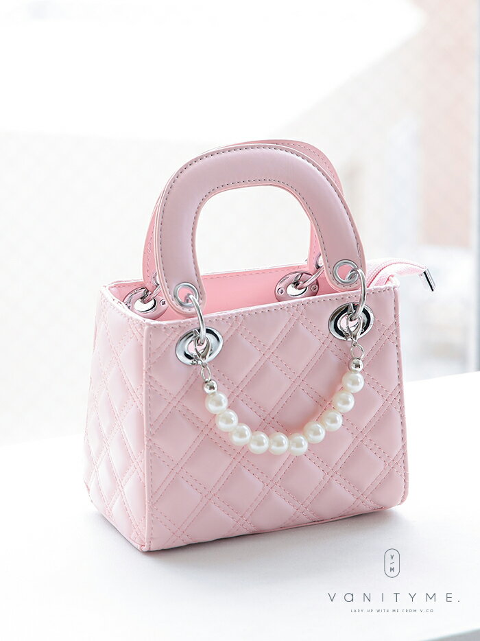パール付き2WAY スクエア キルティング ミニハンドバッグ [ピンク] vim-bg-22301-3