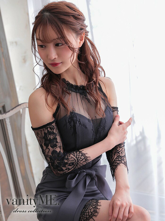 vanityME. [ブラックレース×グレー] レースレイヤードハイネックドレス 袖あり タイト ミニドレス ワンピース （S・Mサイズ）vim-j396