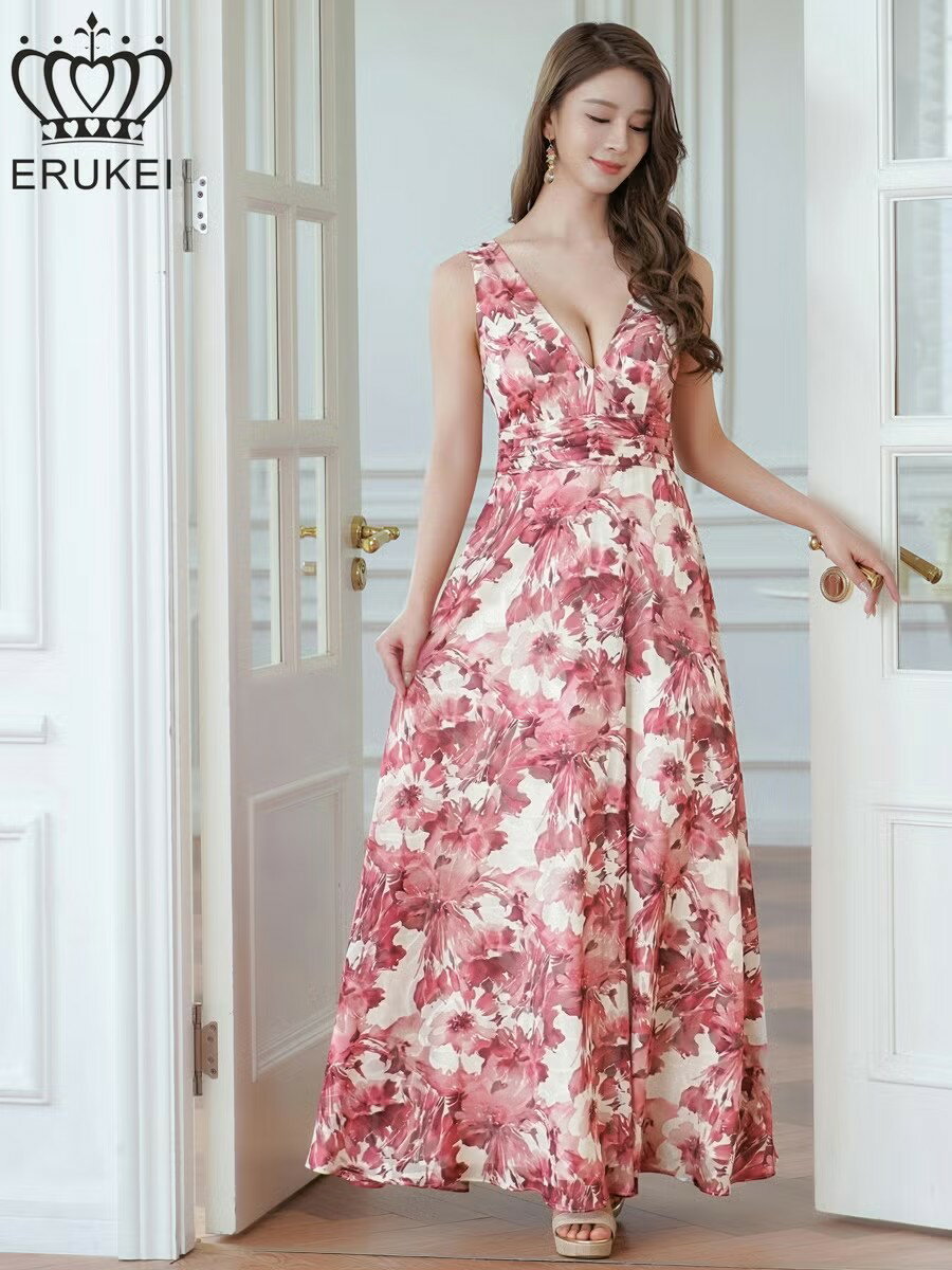 樂天商城 - ERUKEI エルケイ 花柄・フラワープリント・Aライン・Vネック・ノースリーブ・ハイウエスト・ロングドレス ek-e24112