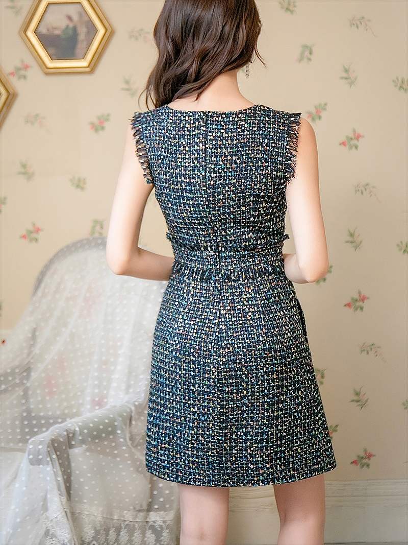 キャバドレス ミニ 大人 高級キャバドレス ミニドレス ミディアムドレス ひざ丈 クラブ ワンピース エルケイ ブラック スパンコールMIX・ツイード・ノースリーブ・タイト・スリット・ミニドレス・ワンピース エルケイ ERUKEI ek-e22066-1