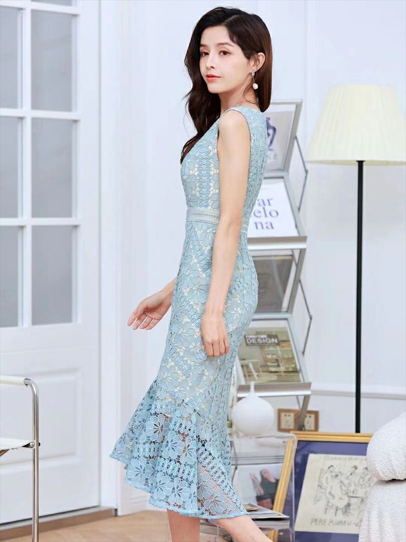 ERUKEI エルケイ ブルー ノースリーブ 総レース マーメイド ひざ下 ミディアムワンピース ワンピース キャバドレス ek-e32101-5