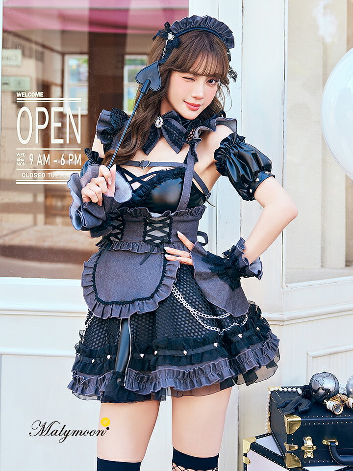 [正規品] ハロウィン メイドコス コスプレ 衣装 セクシー な メイド服 コスチューム メイド メイドコスプレ セクシーメイド服 コスプレデニム 大人 女性用 デニム 青 かわいい【12点セット】Malymoon マリームーン レザーエッジデニムメイド [ブラック/ブルー] mlcs25214 vanityme-10013740 vanityME. (バニティーミー) サンプル画像2