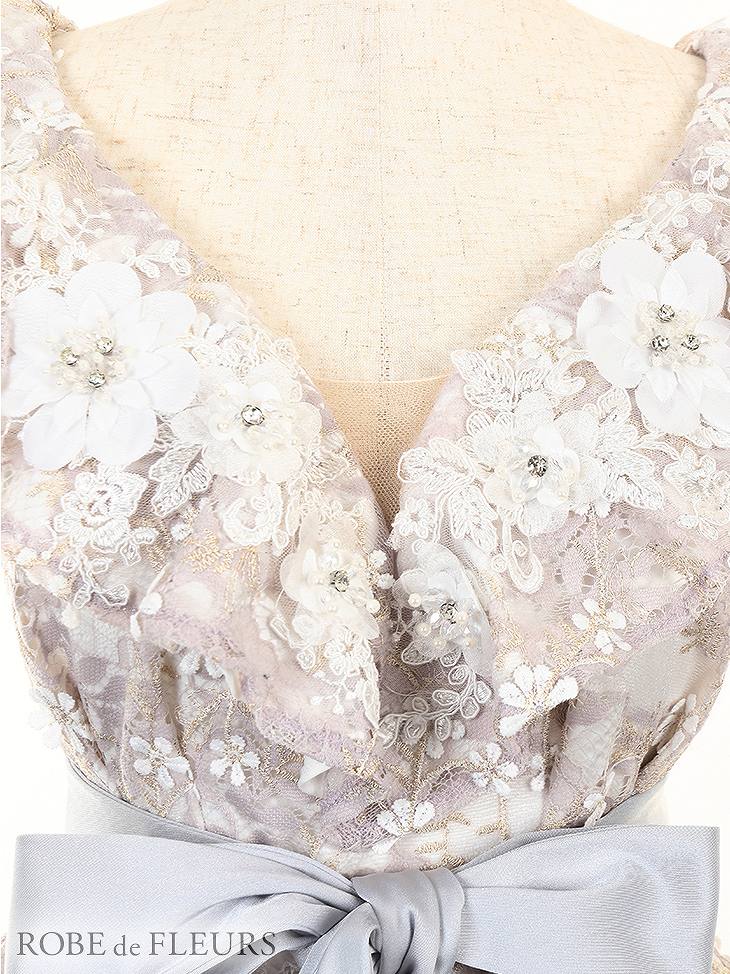 【SALE】 ROBE de FLEURS ローブドフルール オレンジ 刺繍ラメレース×フリルスリーブタイトドレス［リボンベルト付］ (fm17-1-s23)