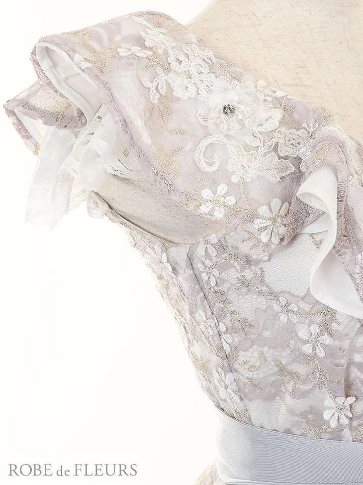【SALE】 ROBE de FLEURS ローブドフルール オレンジ 刺繍ラメレース×フリルスリーブタイトドレス［リボンベルト付］ (fm17-1-s23)