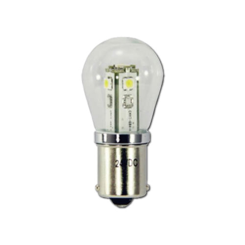 DC24V、S-25型電球交換用のLED電球です高輝度SMDを5個搭載。バックランプやマーカーランプ等にお使いいただけます。●口金 BA15S・S-25タイプ ●LED色 ホワイト ●寸法(mm) 52×Φ24.5 ●色 ホワイト ●定格電圧(V) 12/24 ●消費電流(mA) DC24V/約40mA ※本製品には、プラス、マイナスの極性があります。※ウインカーランプにお使いの場合、ハイフラ現象が発生する場合があります。