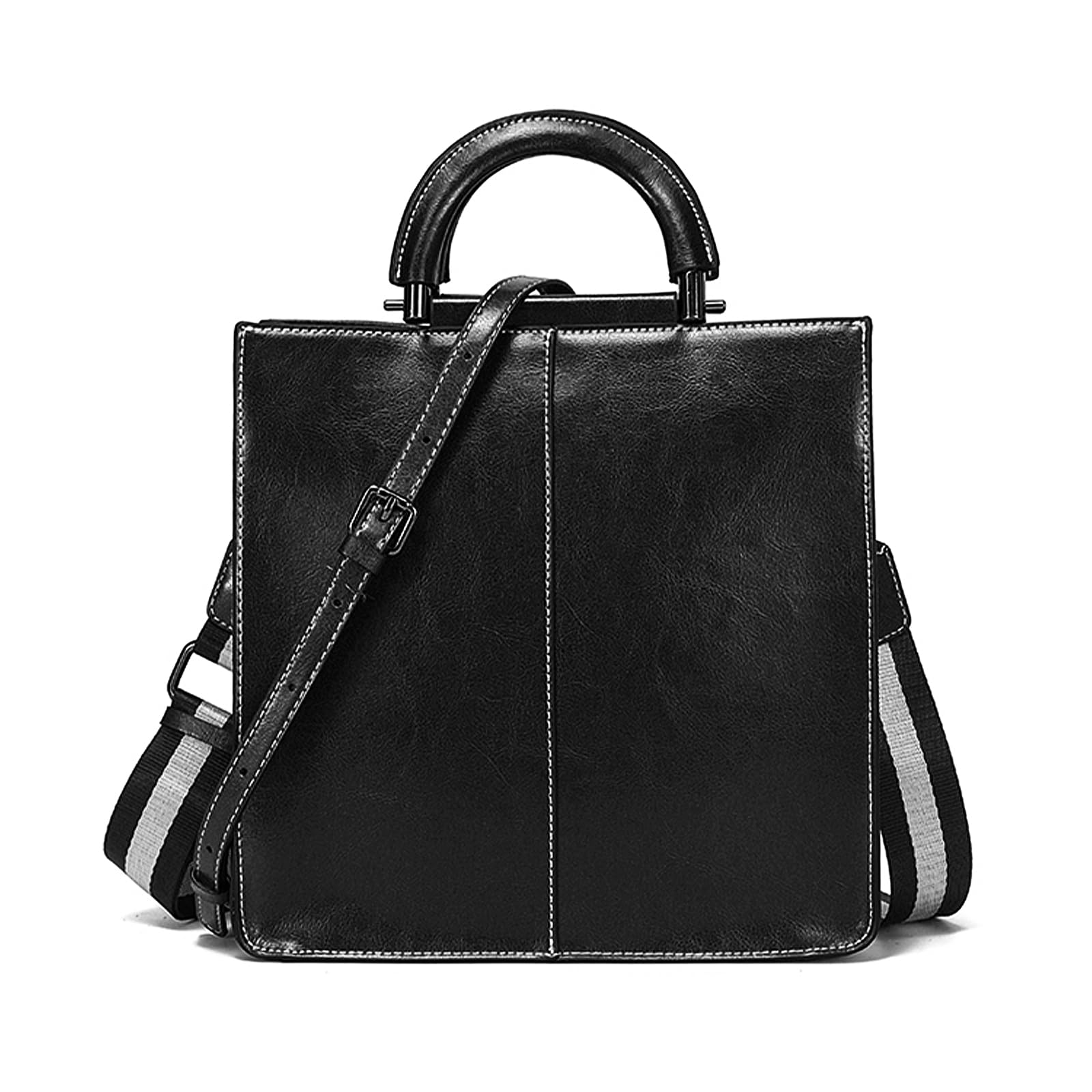 [imeetu]ハンドバッグ 本革 レディース 3way ショルダーバッグ 底鋲付き スクエア型 フォーマル オイルレザー 大容量 高見え カジュアル おしゃれ 斜め掛け 肩掛け 手持ち 通勤 人気（ブラック）