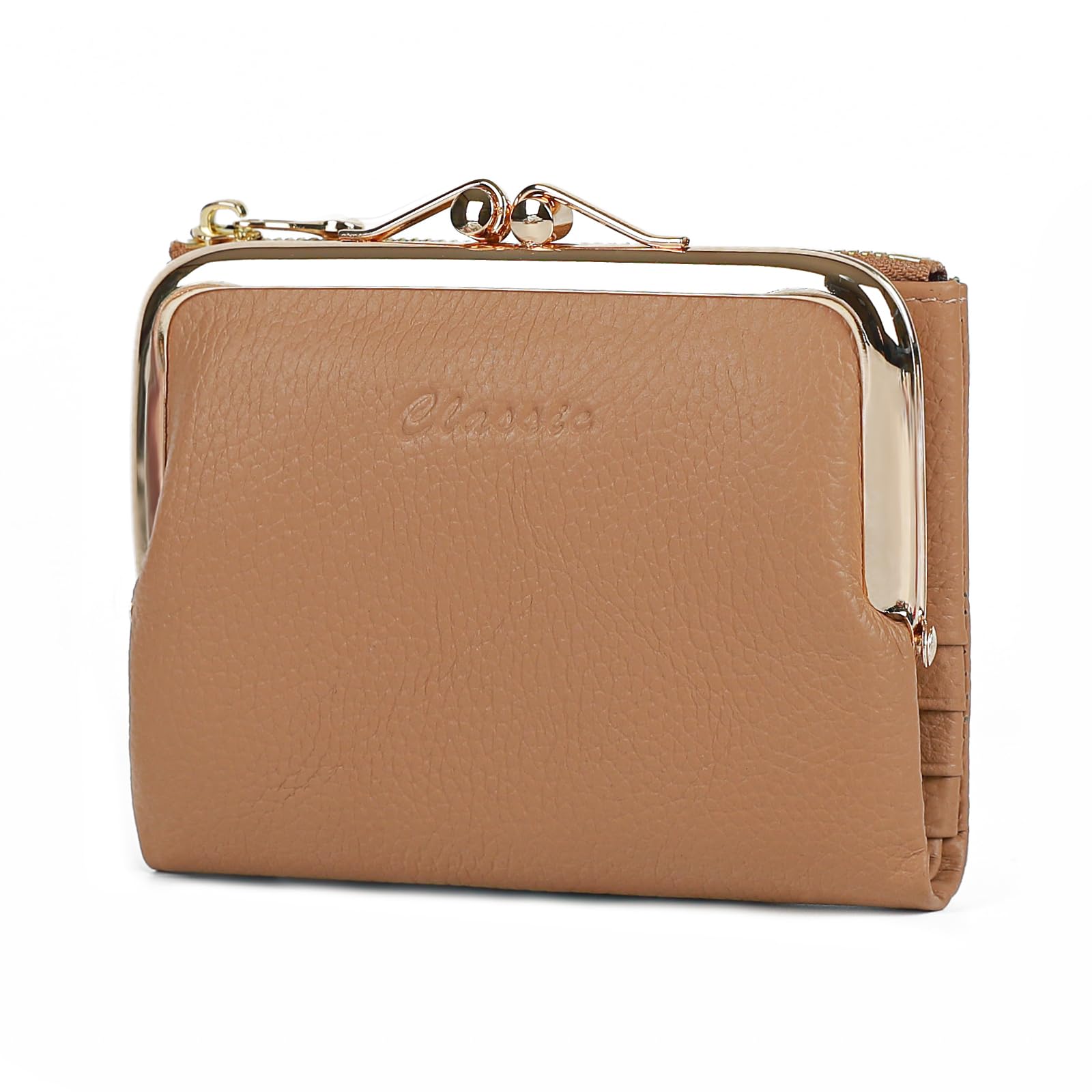 [imeetu] がま口財布 本革 レディース 二つ折り財布 旅行財布 大容量 柔らかい 小銭入れ付き 牛本革 軽量 多機能 コンパクト カジュアル （シボレザー カーキー）