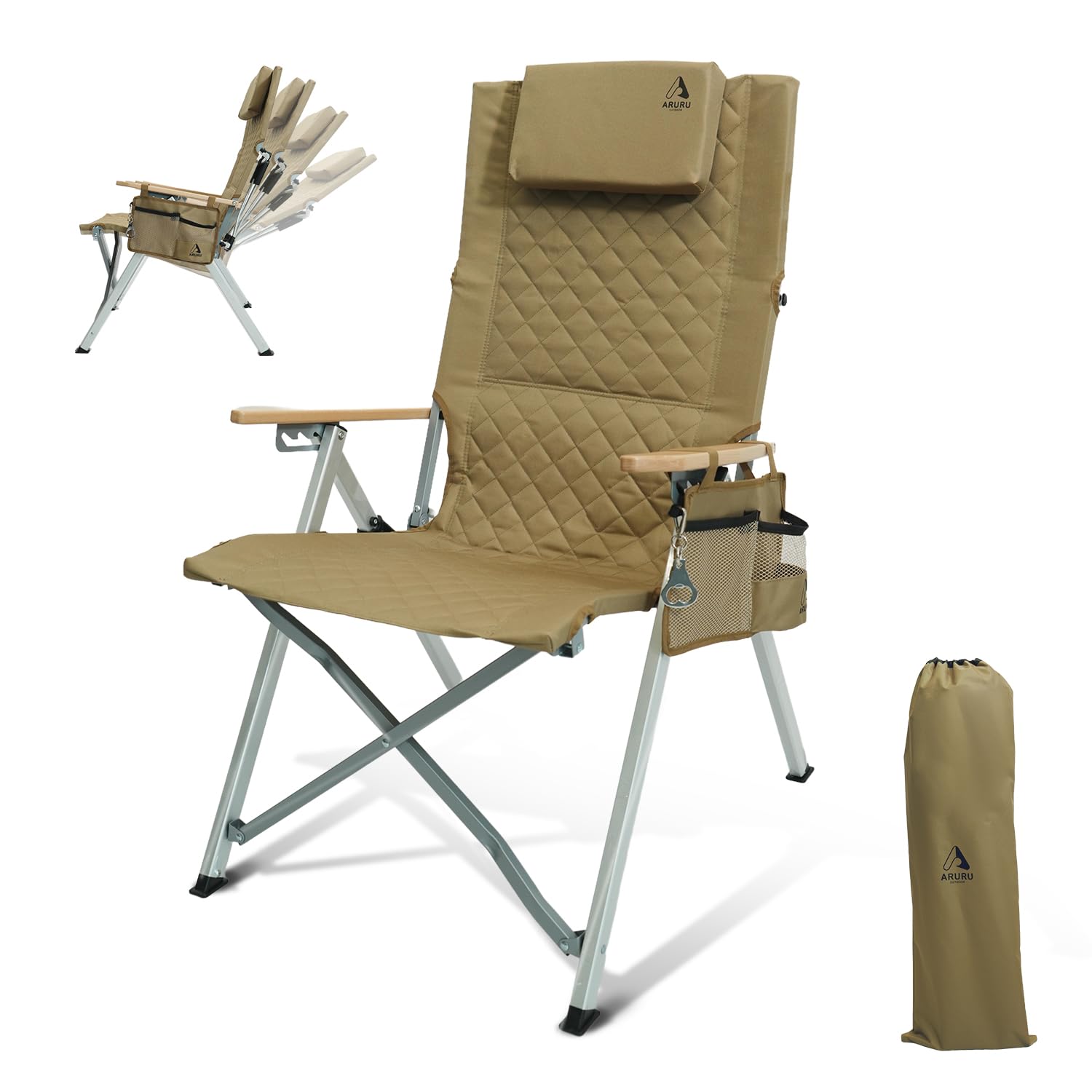 楽天VanVenusARURU キャンプ用リクライニングチェア、ヘッドレスト付き4段階傾斜ハイバック椅子、コンパクトに折りたたみ可能なアウトドアチェア、そして便利な収納袋付き（カーキ）