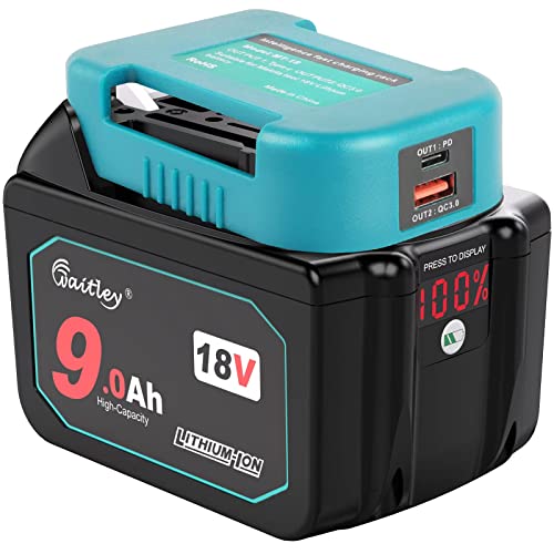 Waitleyマキタ18v互換バッテリー USB充電アダプター付き BL1890B大容量9000mAh デジタル％残量表示 マキタ互換BL1830Bリチウムイオンバッテリーマキタ18v36v電動工具用