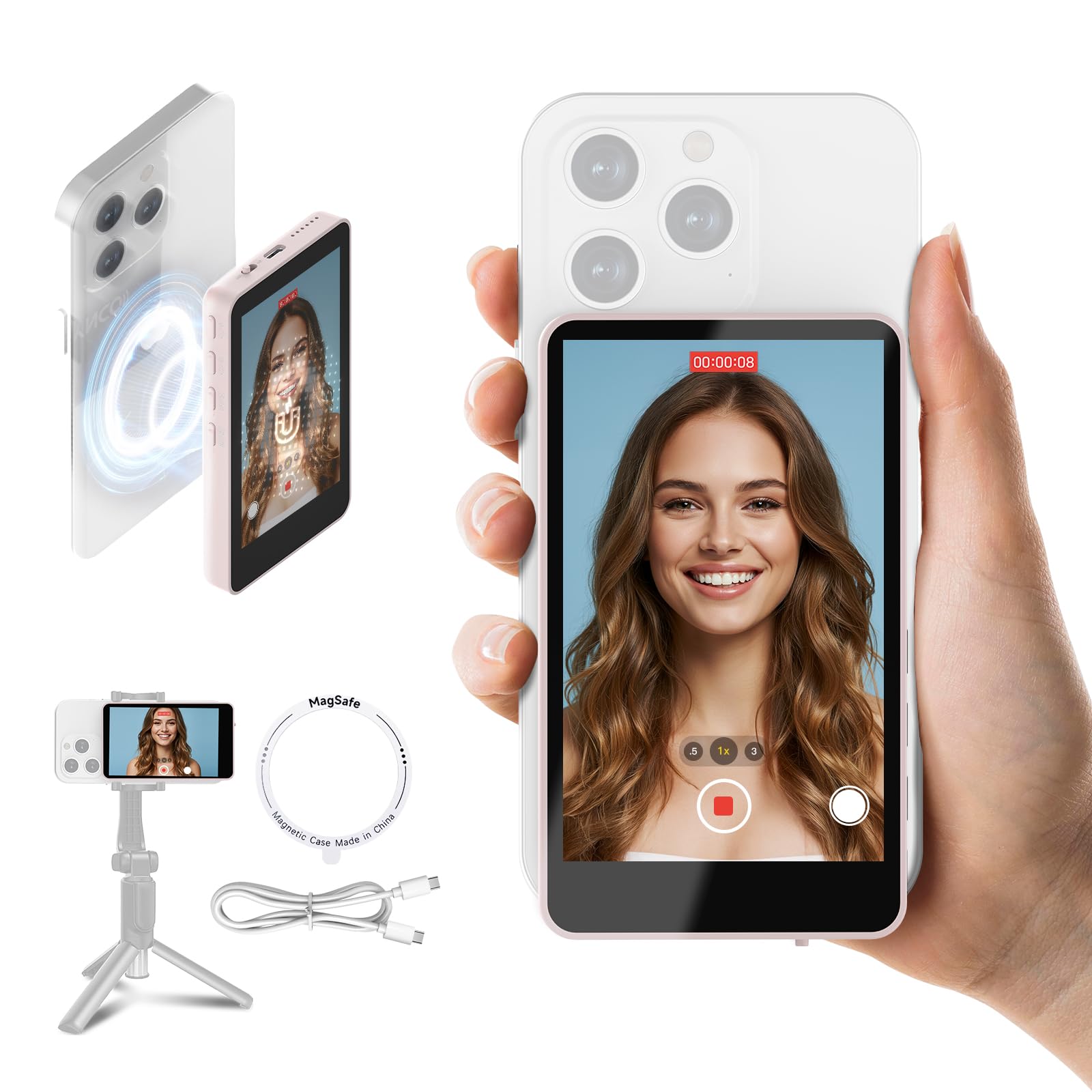 楽天VanVenusSYNCO XView 外カメラ自撮りモニター ピンク iPhone/Android対応 操作簡単 大画面 内蔵スピーカー 音量/輝度調整 画面ミラーリング/回転可能 50メートル使用範囲 3時間使用可能 iPhone自撮りモニター Vlog/ライブ配信/