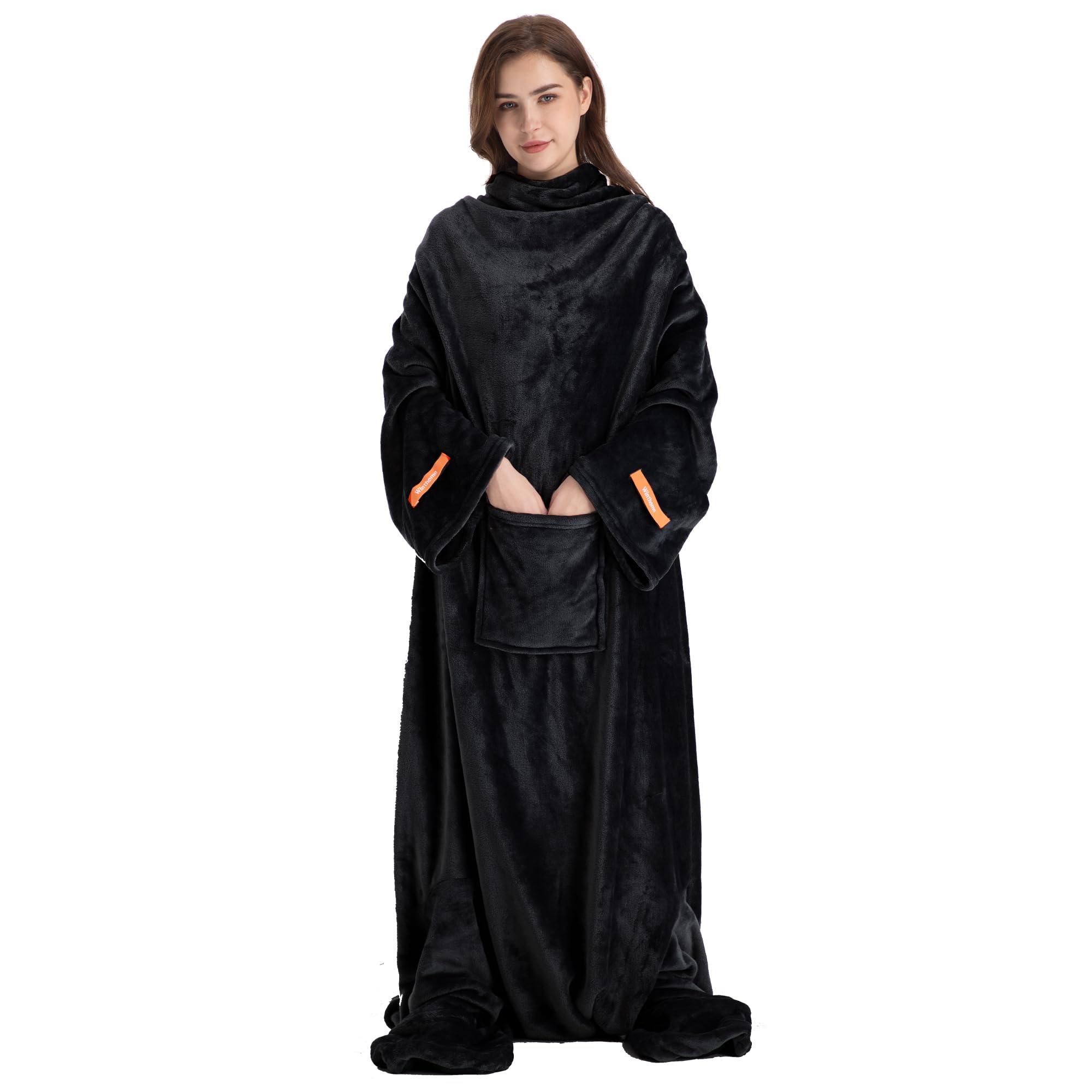 [Winthome] 足ポケット・袖付き毛布 着るブランケット メンズ レディース 大きいサイズ ソファー毛布 暖かい 長着 全身カバー かい巻き お昼寝 防寒対策 背中ボタン止め