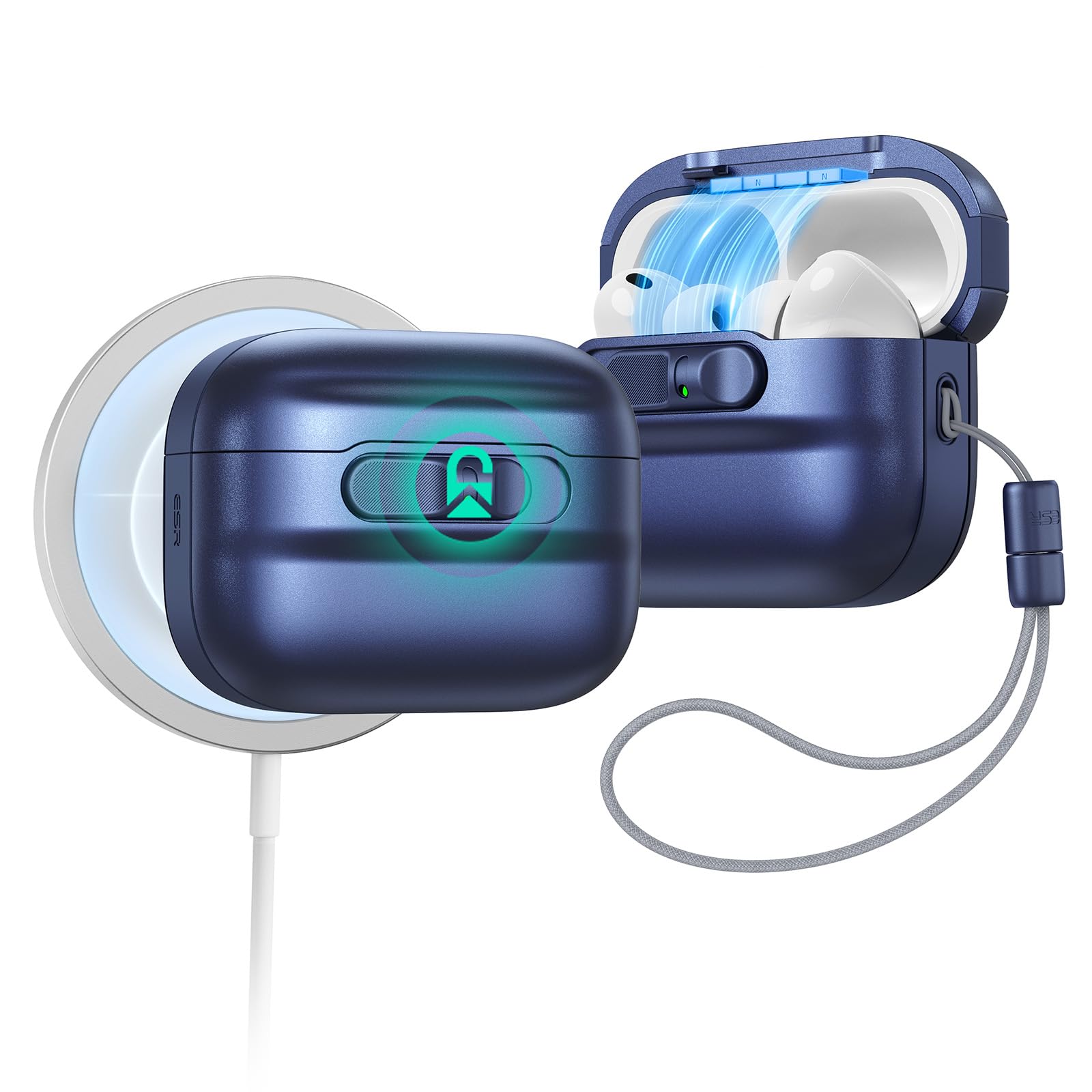 樂天商城 - ESR AirPods Pro3 ケース(2025) AirPods Pro 第3世代対応 USB-C／Lightningケーブル対応 MagSafe対応 マグネットカバーロック 落下保護 キャリーストラップ付き エアーポッズプロ3専用 ブルー