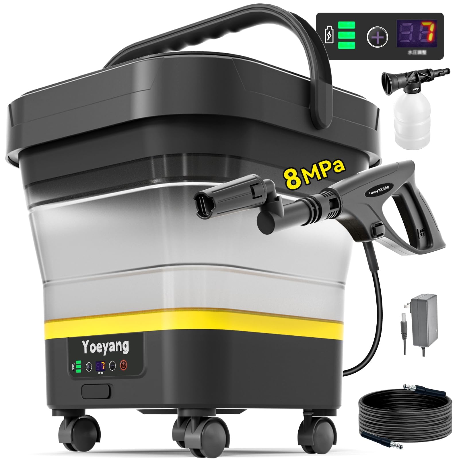 【折りたたみ式で業界最高8MPa・2026年新登場】 高圧洗浄機 コードレス 充電式 静音 7段階水圧調整 電池残量表示 安全ロック設計 改良型360°回転ノズル 超軽量2.1kg 35分連続使用 PSE認証済 高圧洗車機 耐久性に 13Lバケツ付き 7m