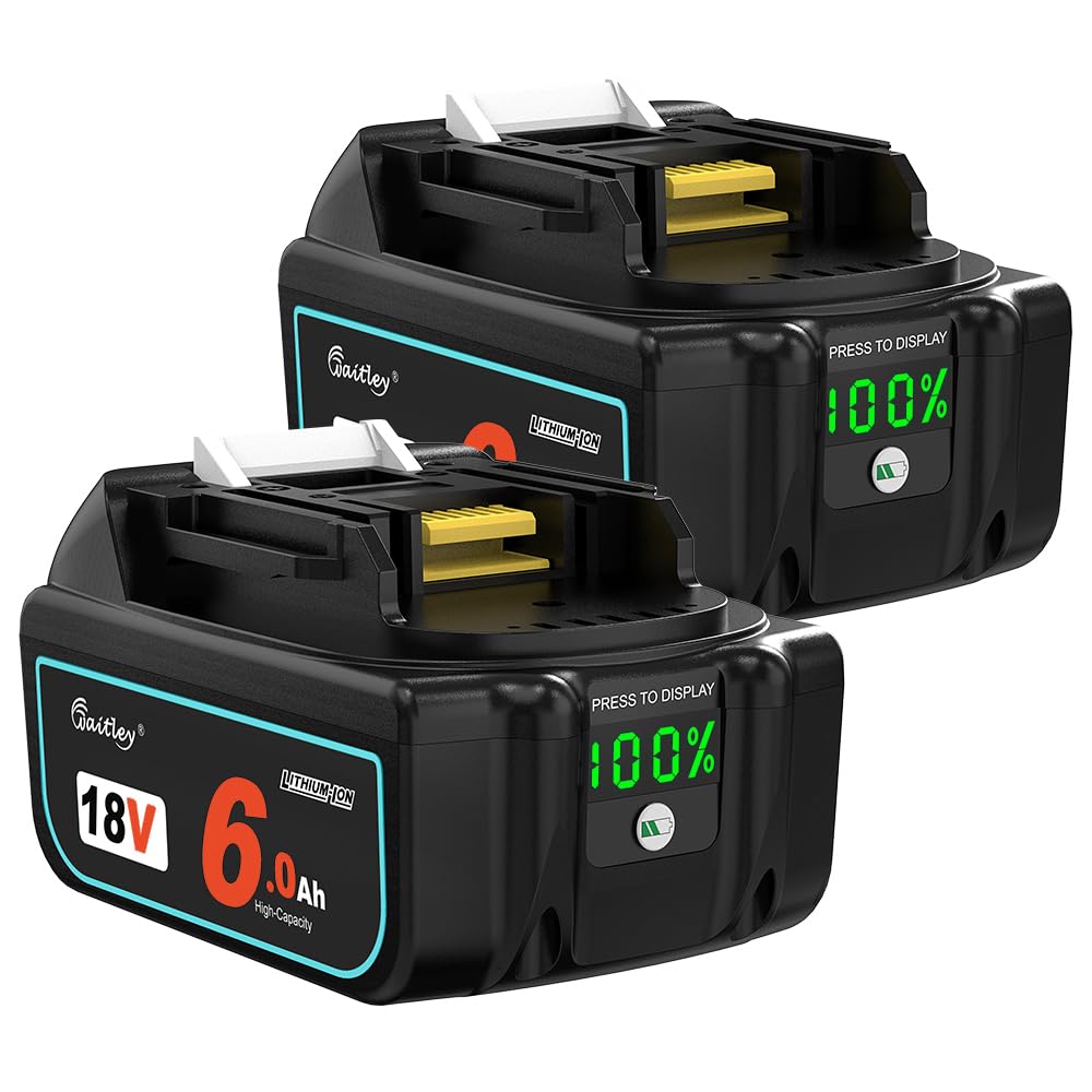 Waitley マキタ18V バッテリー互換 6.0Ah 2個セット 確実にカットオフ機能、過電流保護、過放電防止機能など多重回路保護機能が搭載 デジタル％残量指示付 大容量電池 6000mAh BL1860B 最新セル採用 高耐久性 電動工具用 バッテリ