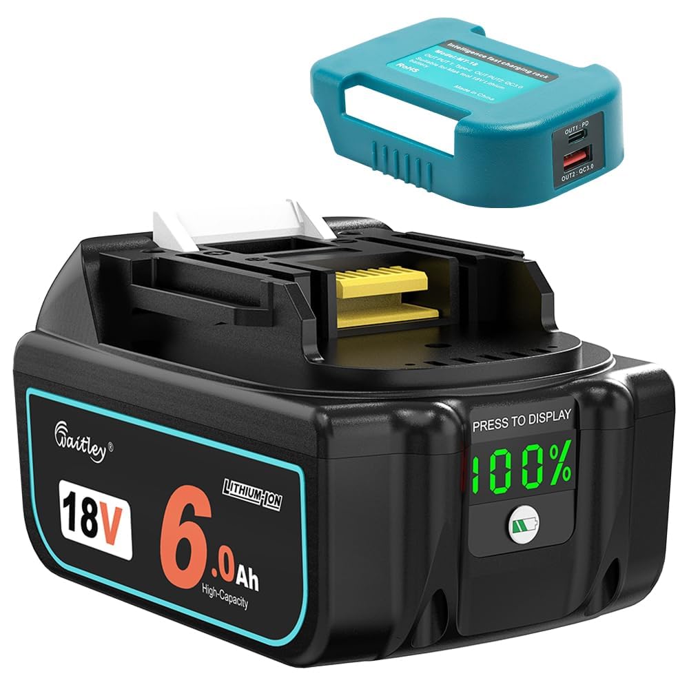 waitleyマキタ互換 バッテリー18V 6.0Ah デジタル％残量指示付き 大容量6000mAh BL1830 BL1840 BL1850 BL1890 対応 マキタ18V電動工具用電池 (1個バッテリー＋変換アダプタ)