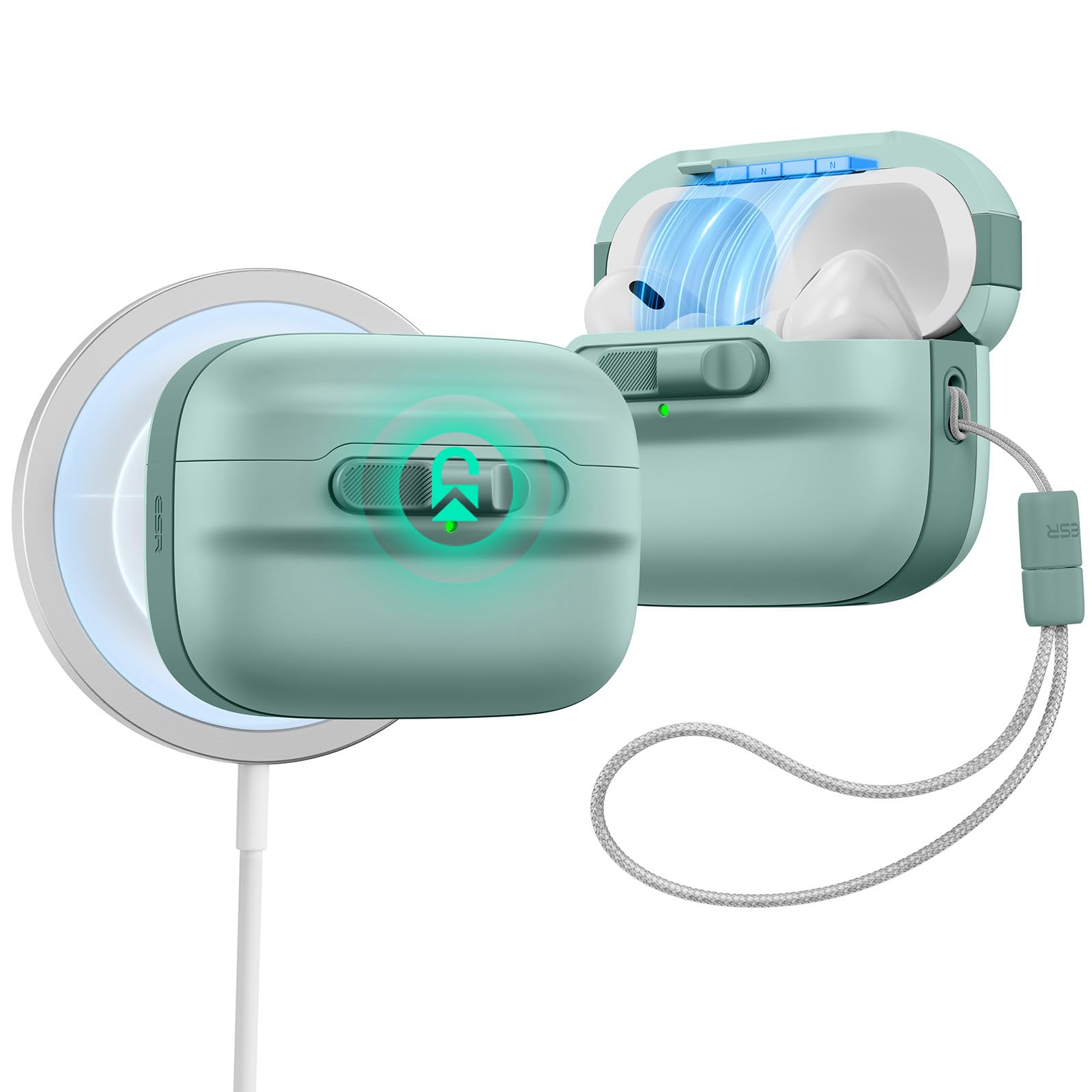 Rakuten - ESR AirPods Pro2 ケース MagSafe対応 AirPods Pro 第2世代 / 第1世代 (2023/2022/2019) 共通 USB-C/Lightningケーブル対応 マグネット蓋ロック 耐衝撃 ランヤード付き 落下保護カバー 衝