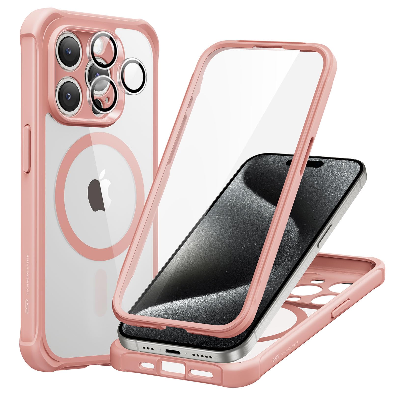 Rakuten - ESR iPhone 15 Pro ケースセット 1セット個別レンズ保護フィルム いphone15pro ケース MagSafe互換スマホケース対応 全面保護タイプ軍用規格保護力 耐傷性 Armorシリーズ iphone15pro ケース クリアピンク