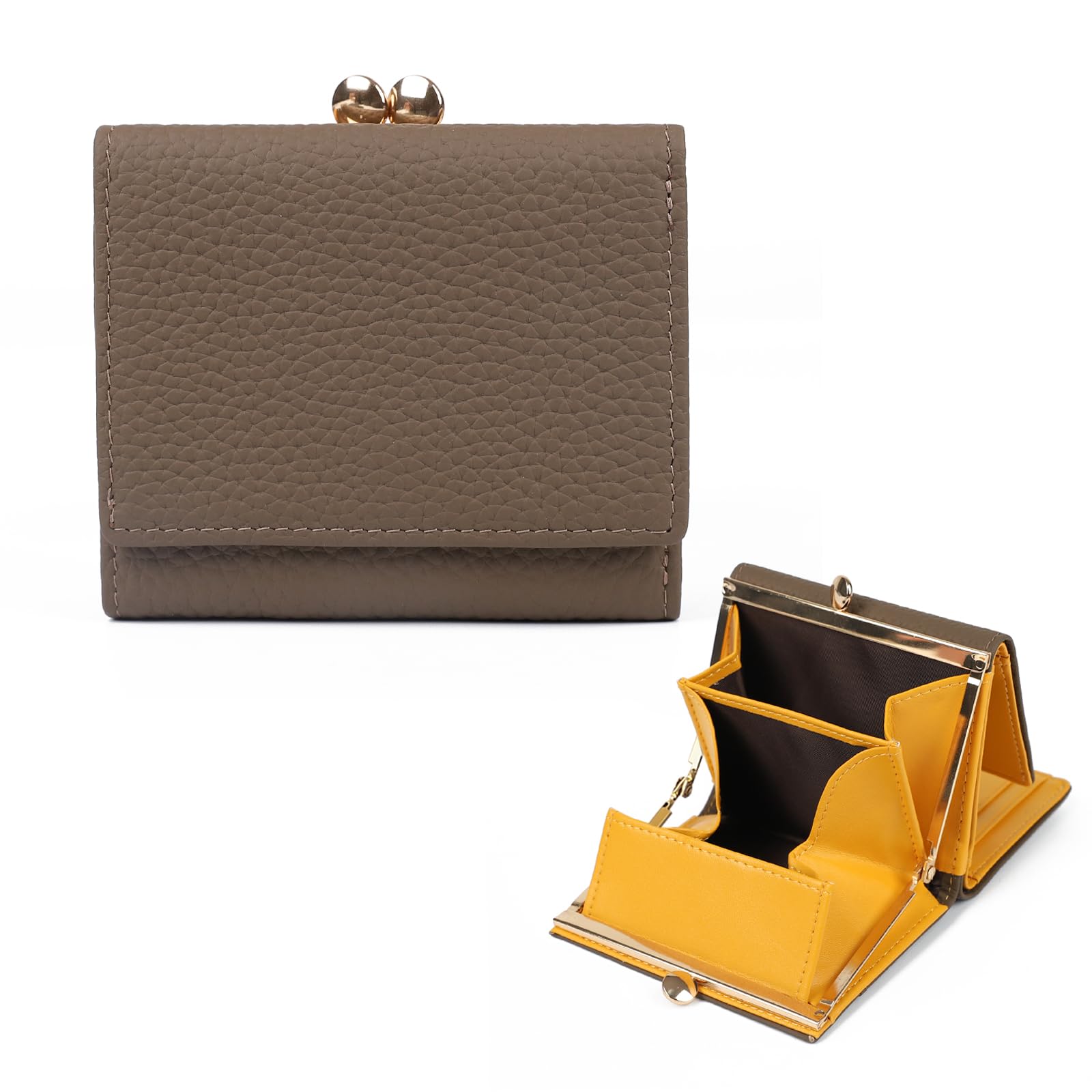 [imeetu] がま口財布 本革 レディース 三つ折り財布 バイカラー スキミング防止 小銭入れ付き みつおり 旅行財布 牛本革 軽量 コンパクト RFID カジュアル（マンダリンオレンジxブラウン）