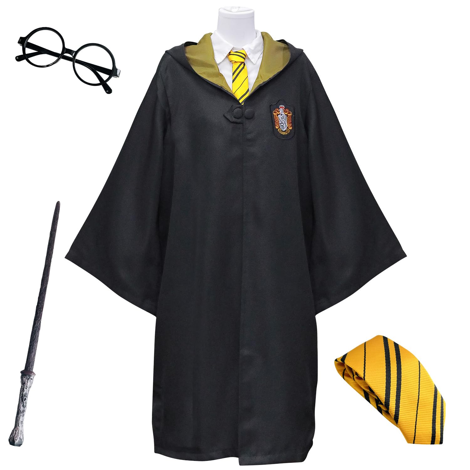 [Sutekus] ハリーポッター ローブ + 眼鏡 + ネクタイ + 魔法の杖 4点フルセット コスチューム 男女共用 学院風 (ハッフルパフ(黄), XS(135~148CM))
