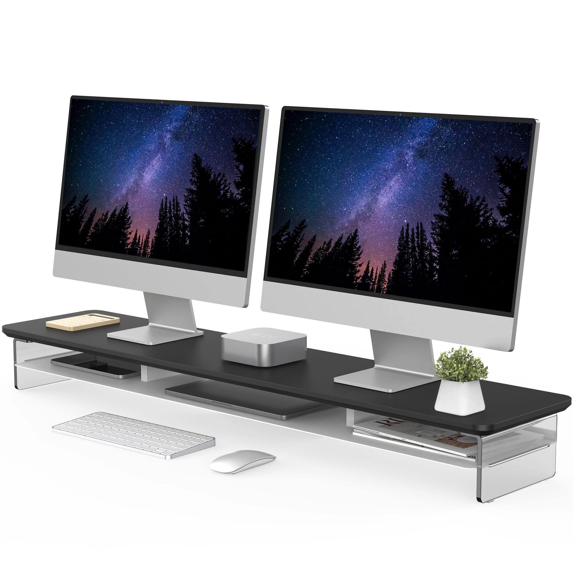 樂天商城 - Fenge モニター台 モニタースタンド 卓上 机上台 パソコン台 PC台 机上ラック 108cm横幅 2段 木製天板 アクリル製脚 デスクトップ用 机上 モニタースタンド 机上台 pcモニター台 パソコンラック 卓上 収納 整理整頓 (ブラック, 幅10