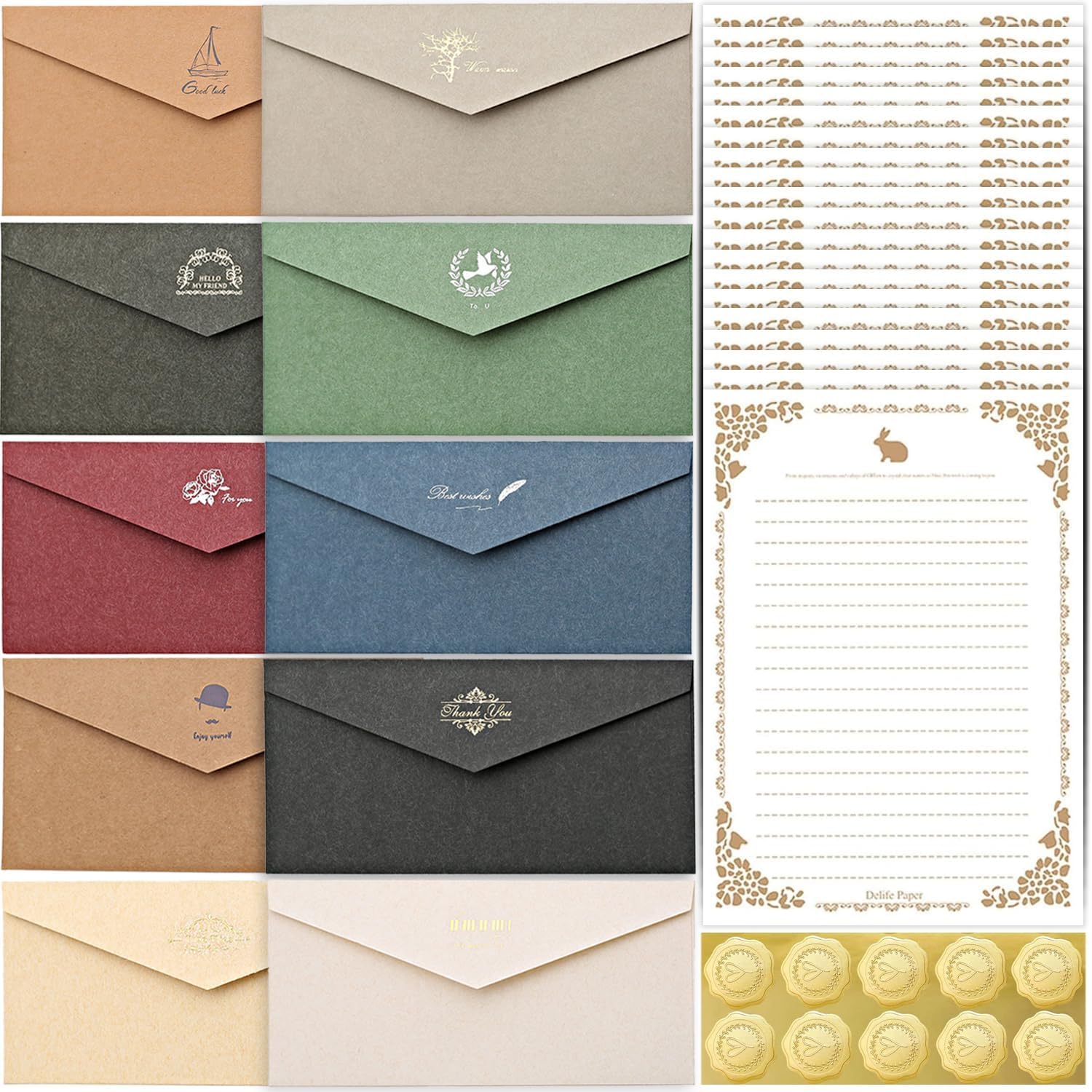 ZRGR レターセット 手紙 セット 封筒 10枚 便箋 20枚 封筒シール10枚 クラフト用紙 便箋 おしゃれ てが..