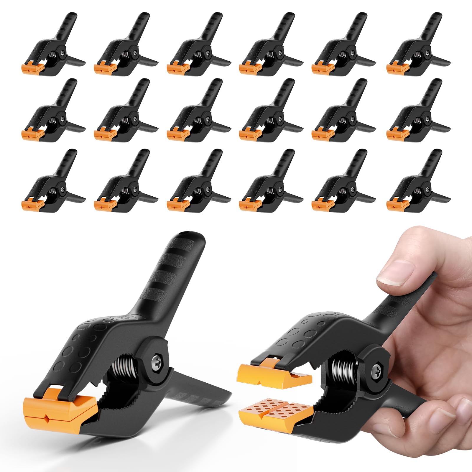 樂天商城 - EMART スプリングクランプ 強力クリップ 20パック 背景布クリップ 固定クランプ 最大の挟める幅約5cm 滑り止め 絶縁 圧着 溶接 切断 ラバー付き 物干し DIY固定器具/撮影スタンド/写真スタジオ/木工対応-ブラック&オレンジ