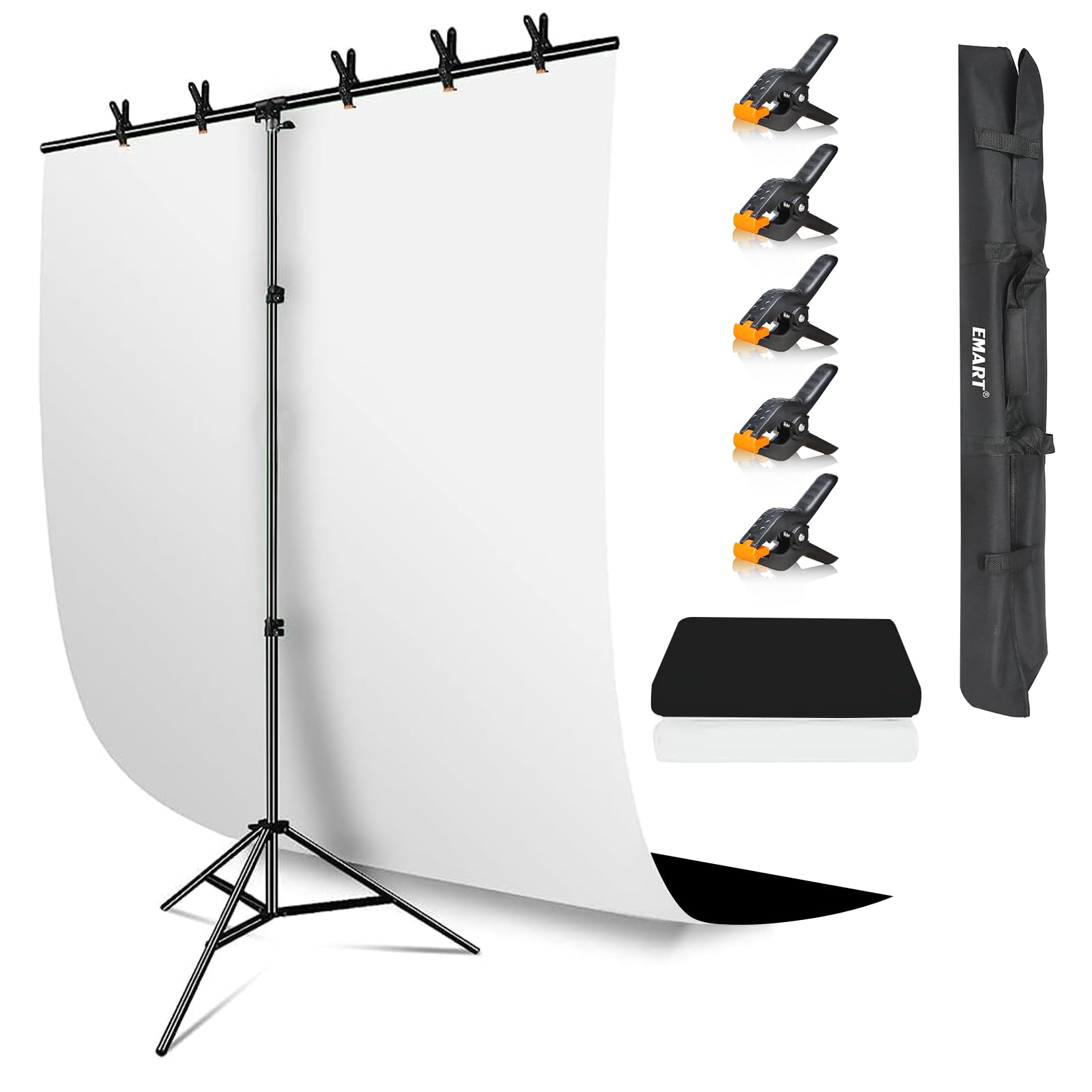 EMART 背景スタンド T字背景スタンド 150x200cm 両面黒白背景布150x200cm 撮影スタンド 高さ調整可能 背景布 暗幕 白布 背景シート 設置簡単 持ち運びと収納に便利 撮影用背景、写真スタジオ、生放送、web会議、ビデオ通信、動画など