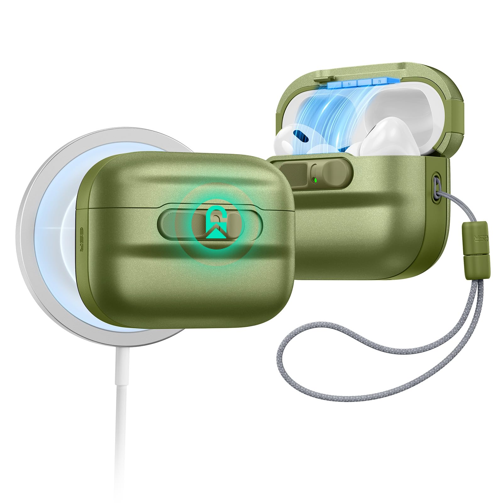 ESR AirPods Pro3 ケース(2025) AirPods Pro 第3世代対応 USB-C／Lightningケーブル対応 MagSafe対応 マグネットカバーロック 落下保護 キャリーストラップ付き エアーポッズプロ3専用 グリーン