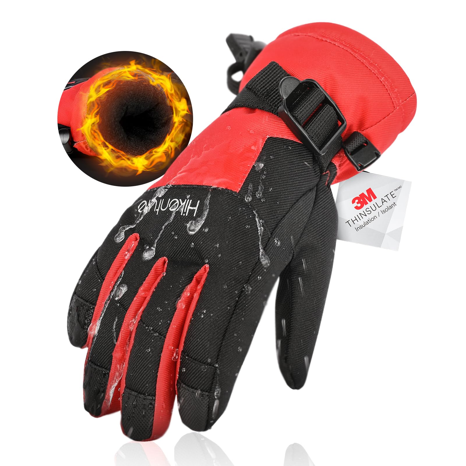 HIKENTURE スキーグローブ キッズ 手袋 子供 雪 スノーグローブ 防水 防風 防寒 綿 裏起毛 フリース 暖かい スケート 雪遊び スノボ ウインター 通学 通園 自転車 レッド・M（7・10歳）