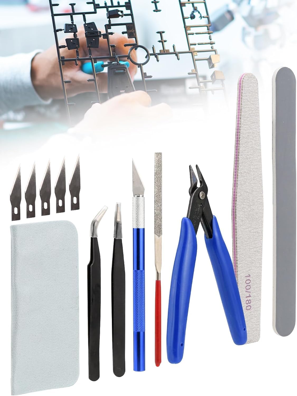 Mellbree プラモデル用工具セット 初心者向け 9点 薄刃ニッパー ヤスリ 精密ピンセット デザインカッター 収納ケース付き 入門ツール プラモデル道具 クラフトツール