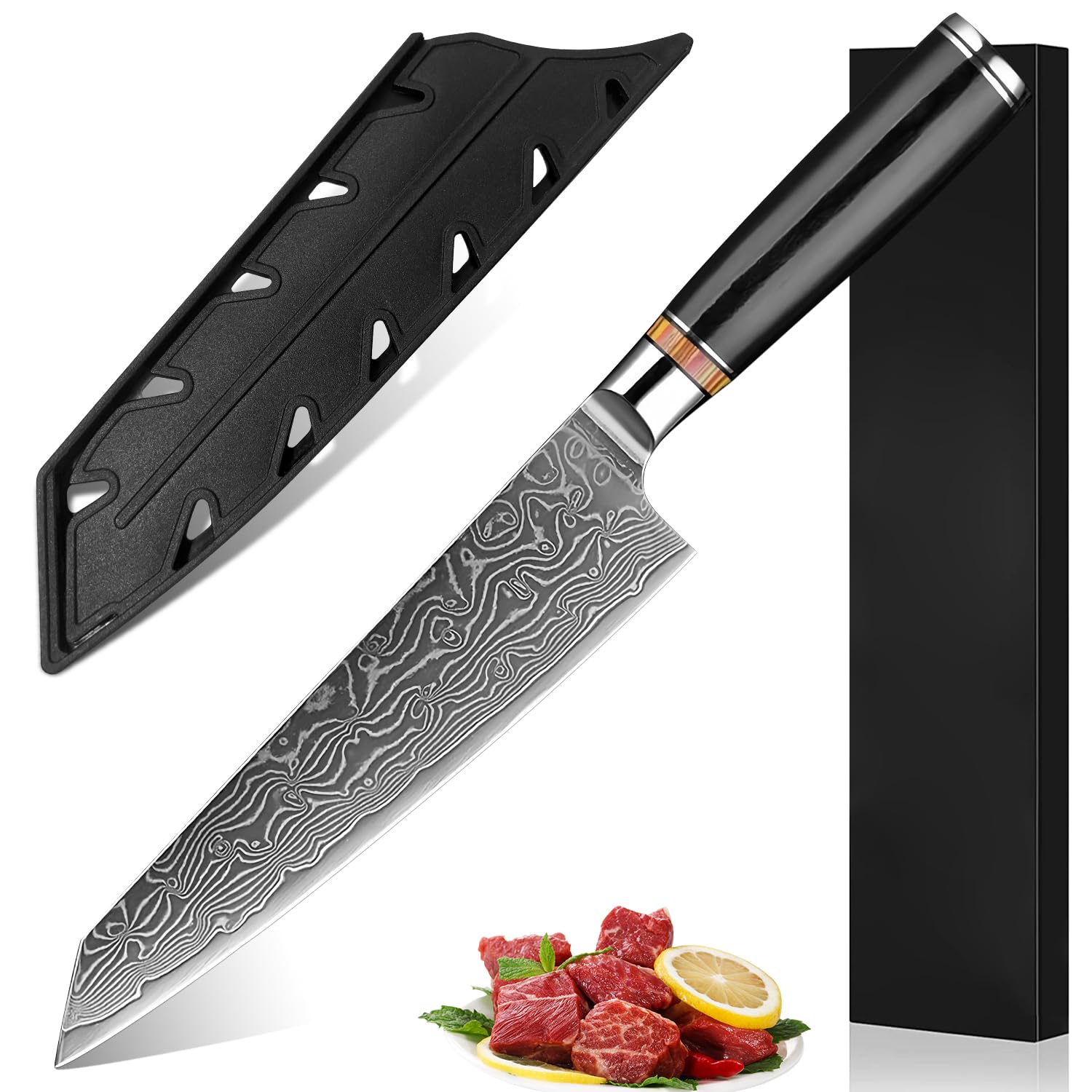 Utaki 切付型包丁 6.7寸剣型包丁・202mm 【Nina・ニーナII】 渦巻白波刃紋の59層ダマスカス（VG-10鋼芯） 強化彩木リング+強化積層木柄 カバー付き オブジェのように