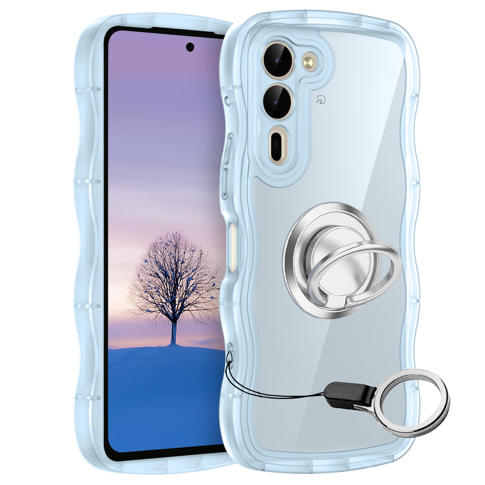 Rakuten - FOR Arrows We2 Plus ケース ブルー ウェーブ リング付き TPU波状のバンパー 透明 スマホケース かわいい うねうね Arrows We2 Plus F-51E M06 ウェーブ デザイン 可愛い 韓国 女性用 薄型 人気 おしゃれ