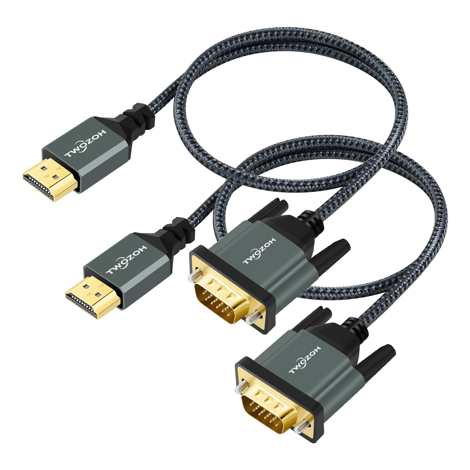 Twozoh HDMI - VGAケーブル 2M 2本入りアルミニウム合金シェル ナイロン編組&金メッキ HDMI VGA 1080P/60HZ対応 デスクトップ、ノートパソコン、PC、モニター、プロジェクター、HDTV用