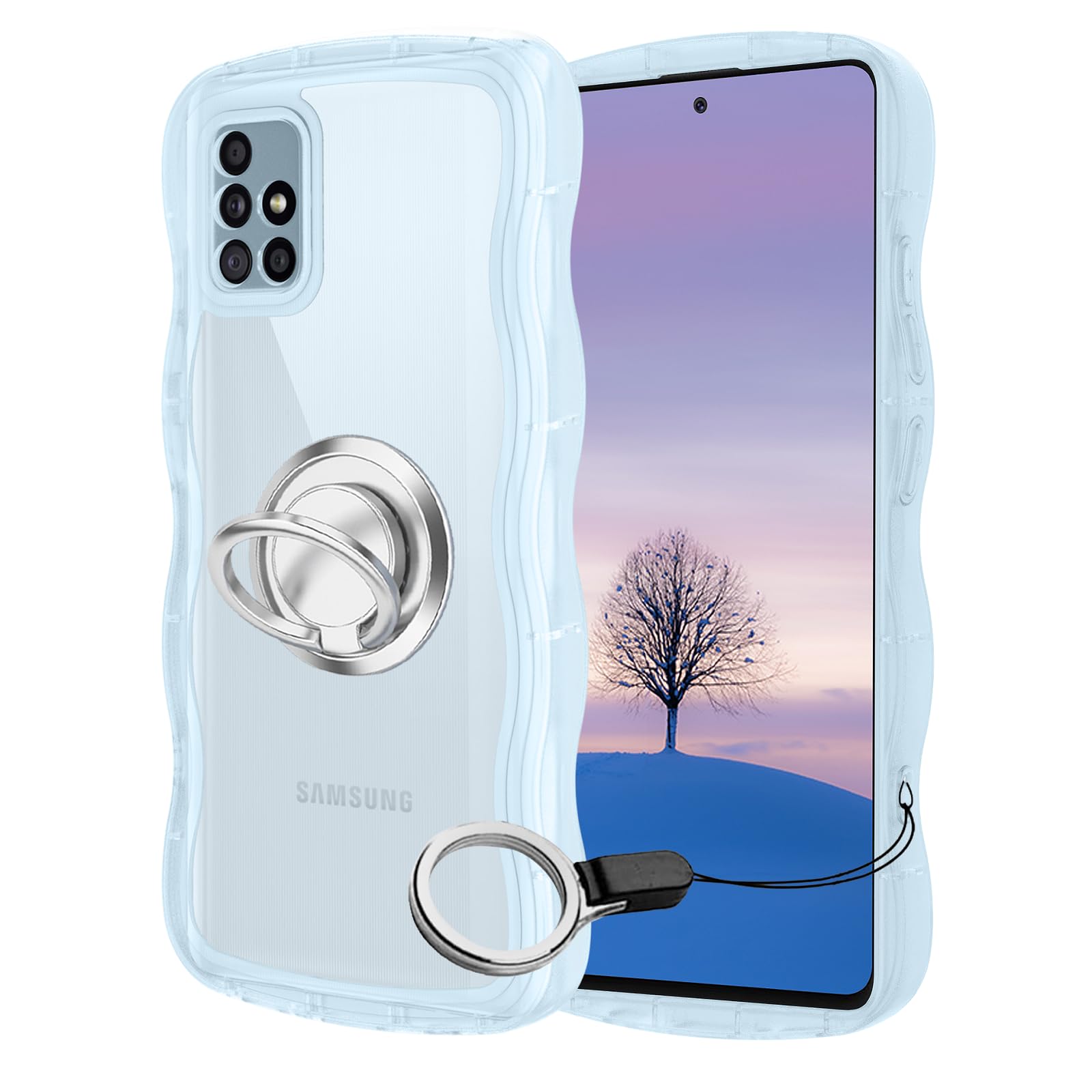 Rakuten - Galaxy A51 5G SC-54A SCG07 ケース ブルー ウェーブ リング付き TPU波状のバンパー 透明 スマホケース かわいい うねうね ギャラクシー A51 ウェーブ デザイン 可愛い 韓国 女性用 薄型 人気 おしゃれ 耐衝撃 ストラッ