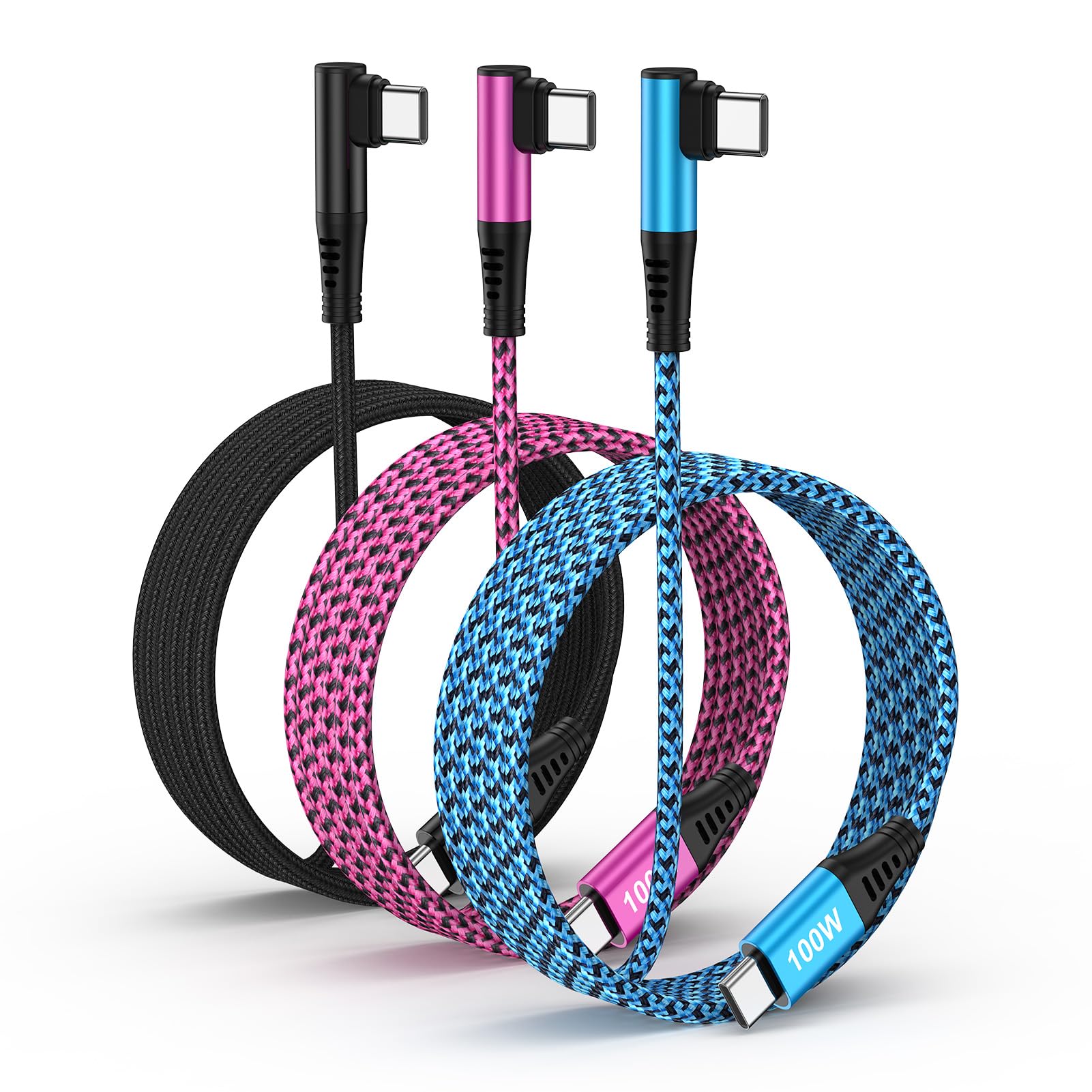 Viviber タイプc L字 ケーブル 横 PD 100W cとc ケーブル L型【1.8m*3本*3色】iPhone 17用のusb-c 5A急速充電 タイプc充電コード ン長いナイロン編み MacBook/iPad/iPhone/Galaxy S24