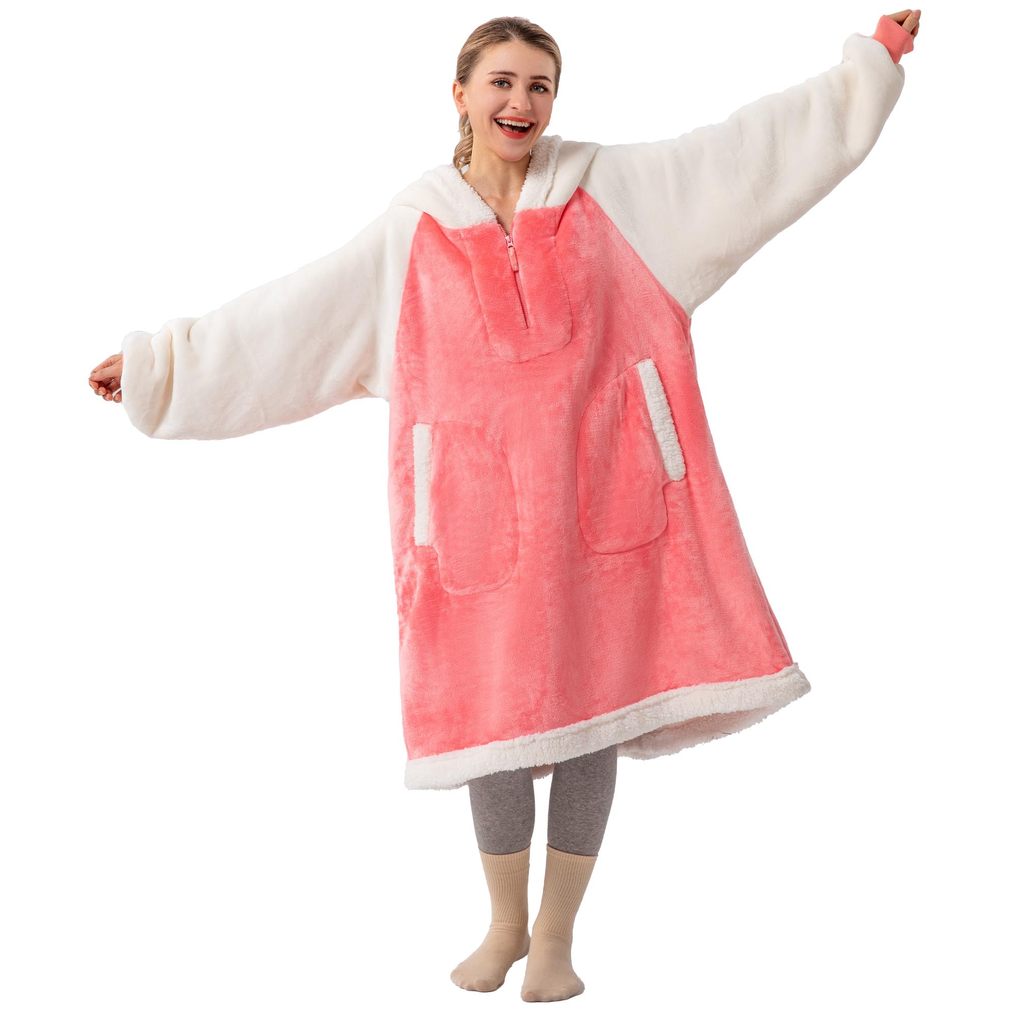 [Winthome] 極厚手着る毛布 ジッパー付き ゲーミング ルームウェア 二層生地 ボア付き 厚手 もこもこ パジャマ 部屋 ロング丈 オーバーサイズ ガウン メンズ レディース 節電 寒さ対策 冬 暖かい あったかグッズ ギフト(フリーサイズ, ピン