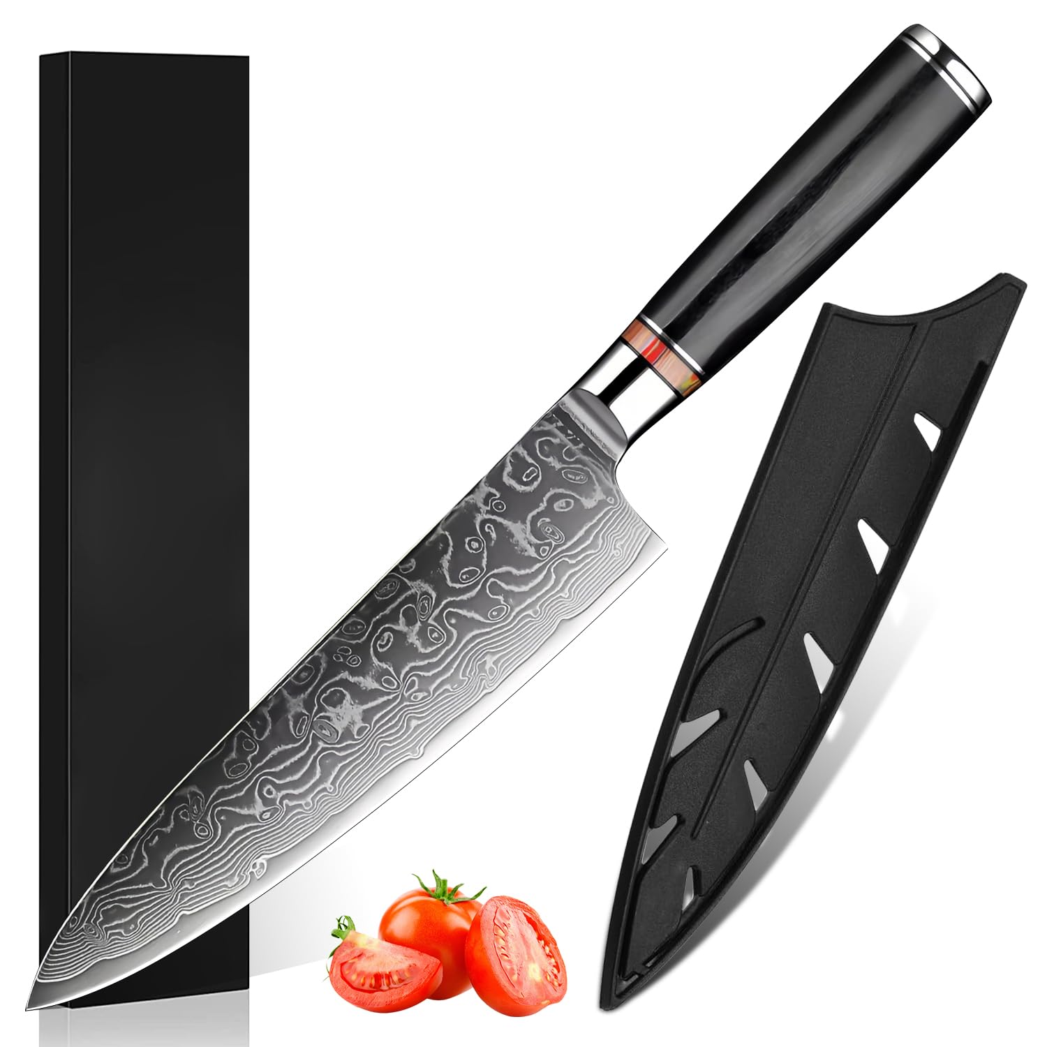 Utaki 両刃牛刀包丁 6.6寸肉切料理包丁・200mm 【Nina・ニーナI】 渦巻白波刃紋の59層ダマスカス（VG-10鋼芯） 強化彩木リング+強化積層木柄 カバー付き 万能包丁