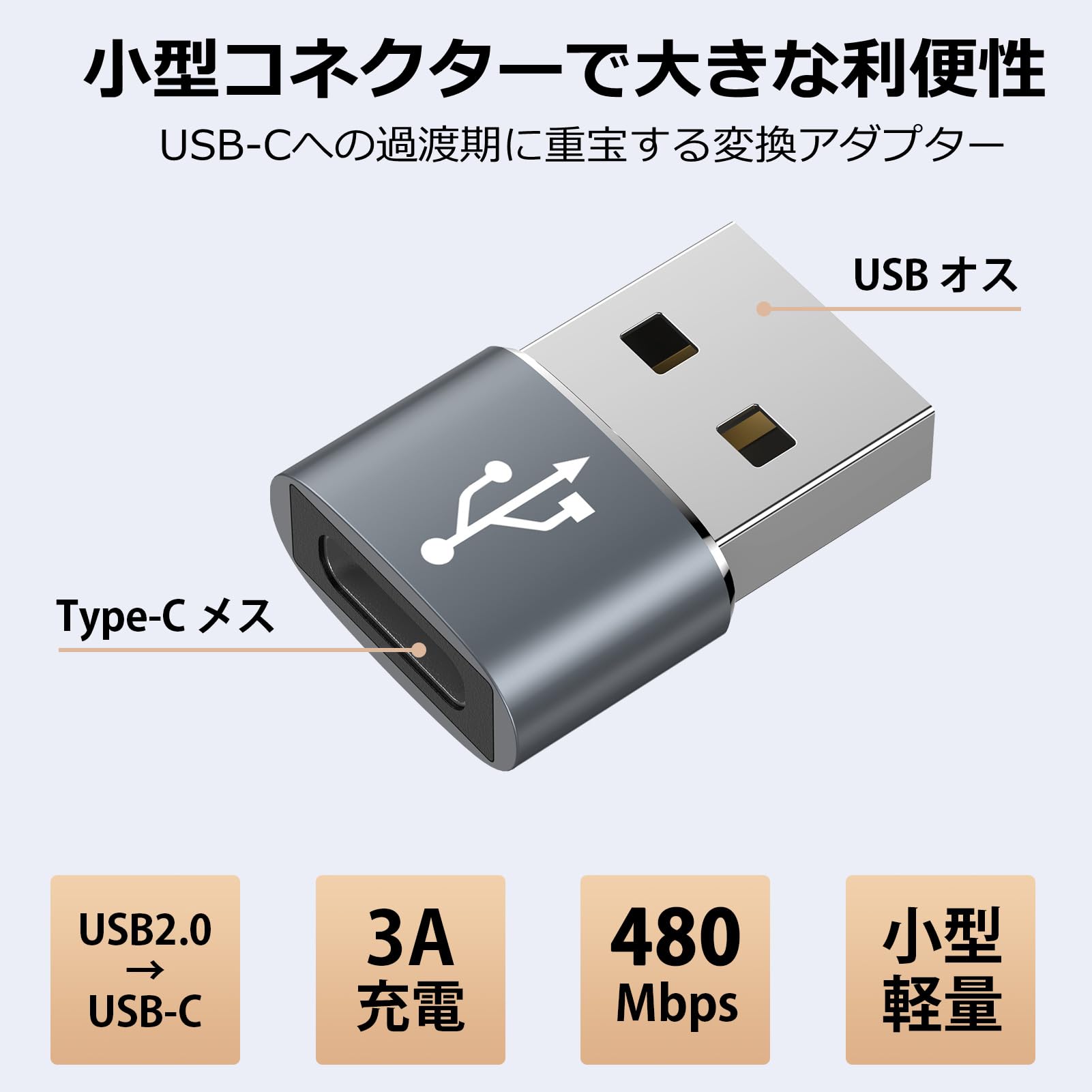 タイプC USB 変換アダプタ 超小型 Type-C メス to USB-A オス typec usb2.0 変換アダプター [ QC3.0 急速充電・高速データ転送同期] Windows 10 / Mac OS MacBook iPad Pro iPho