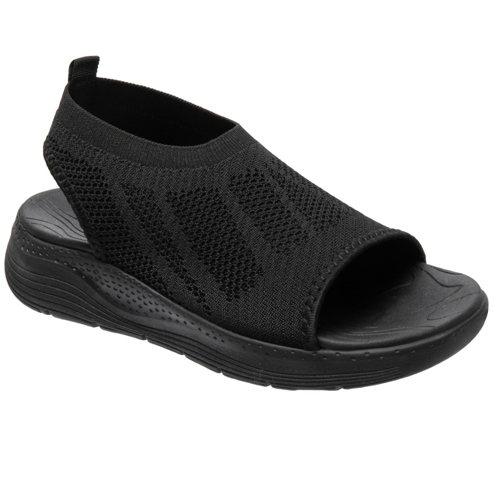 [STRDEOUT] レディース スポーツサンダル ニット メッシュ 夏 黒 オフィス 歩きやすい 厚底 軽量 通気 ウォーキング オシャレ