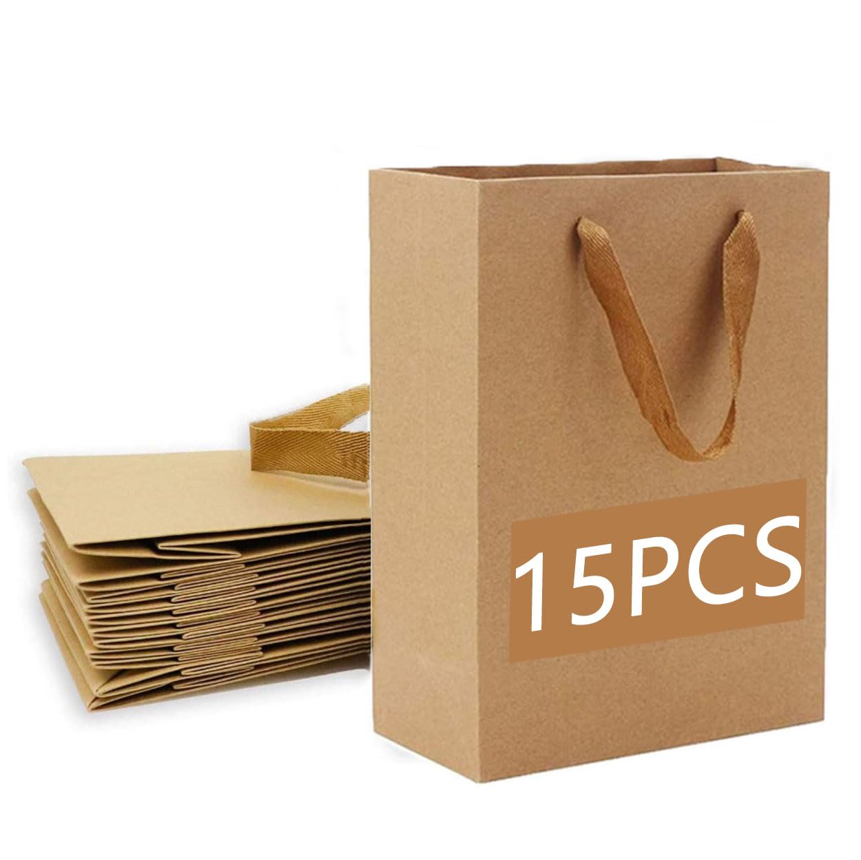 Ousaliyea 縦型紙袋、厚手の無地ギフトバッグ15点セット25×13×32cm、ギフトボックスギフト包装トートバッグあらゆる種類のホリデーギフト包装に適しています（大、茶色）