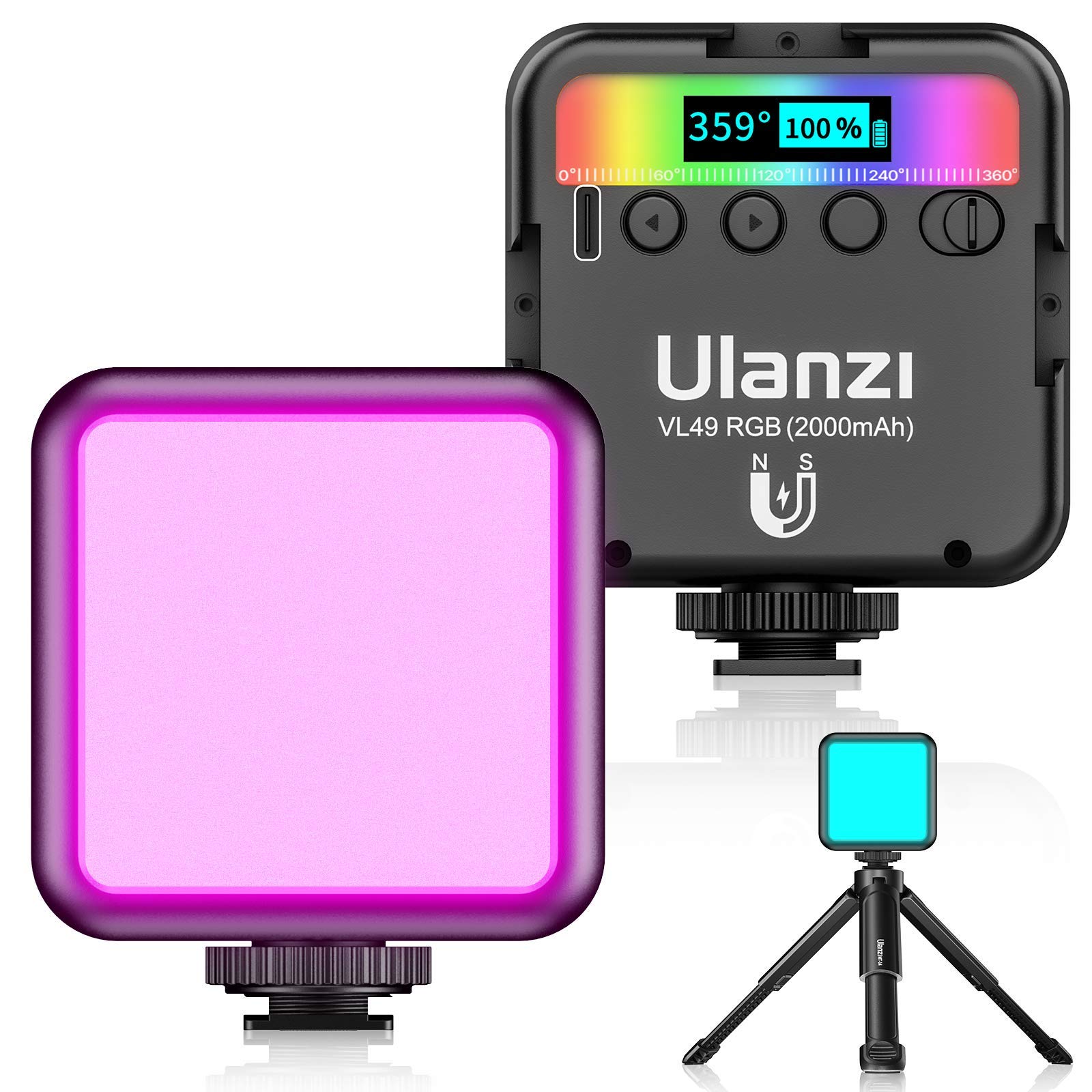 最新 Ulanzi VL49 RGB撮影ライト 三脚付き LEDビデオライト 卓上スタンド 359色RGBモード 明るさ調整が可能 9000k明るい白色光 2000mAh USB充電式 iphone/Gopro/Osmo Pocket/Samsung/Ni