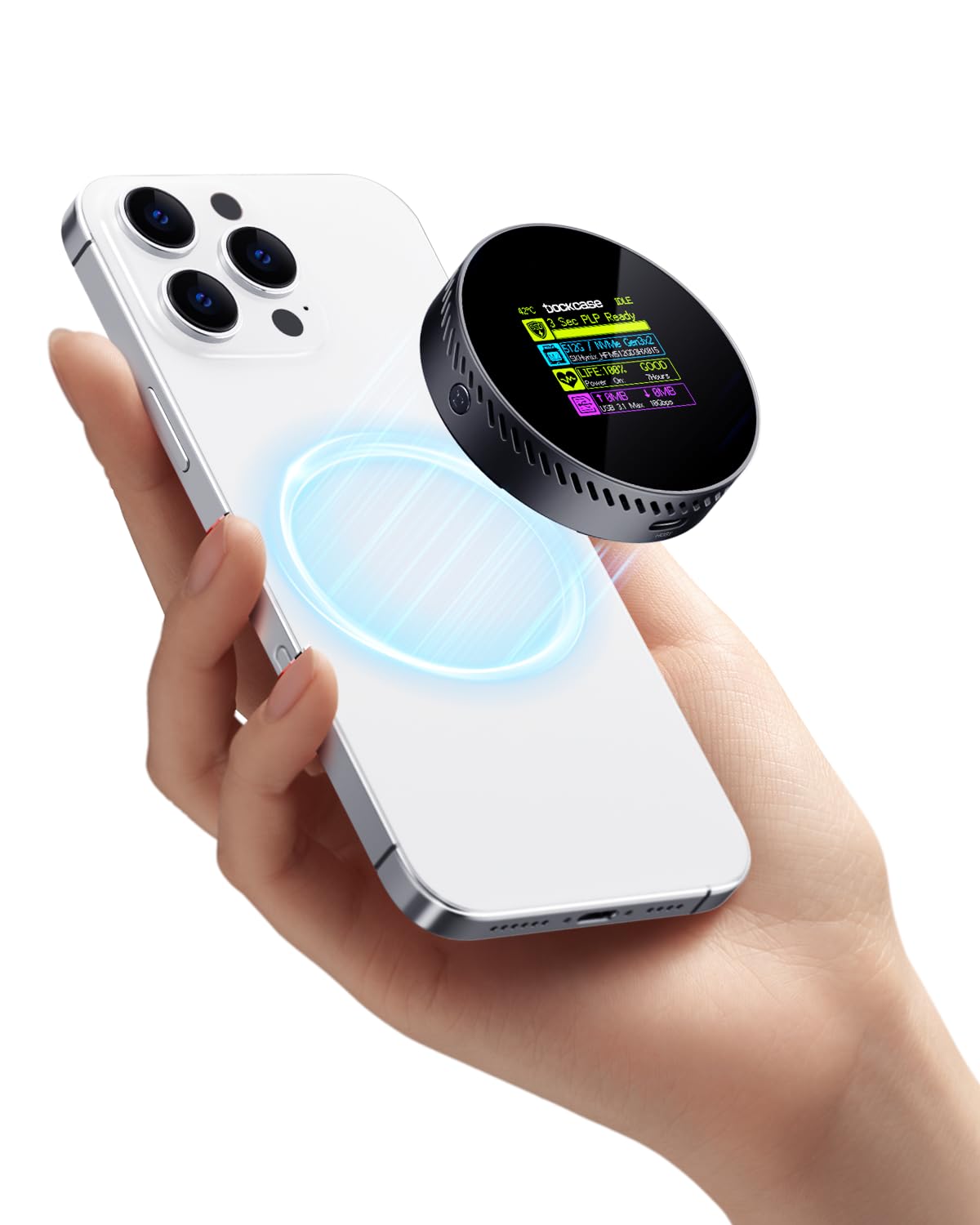 DOCKCASE Magnetic M.2 NVMe SSD ケース iPhone 16/15 Pro Max ProRes対応、3秒間の電源喪失保護機能、SSD状態確認、100W PDポート、10Gbps転送速度、2230/2242 NVMe SSD対応